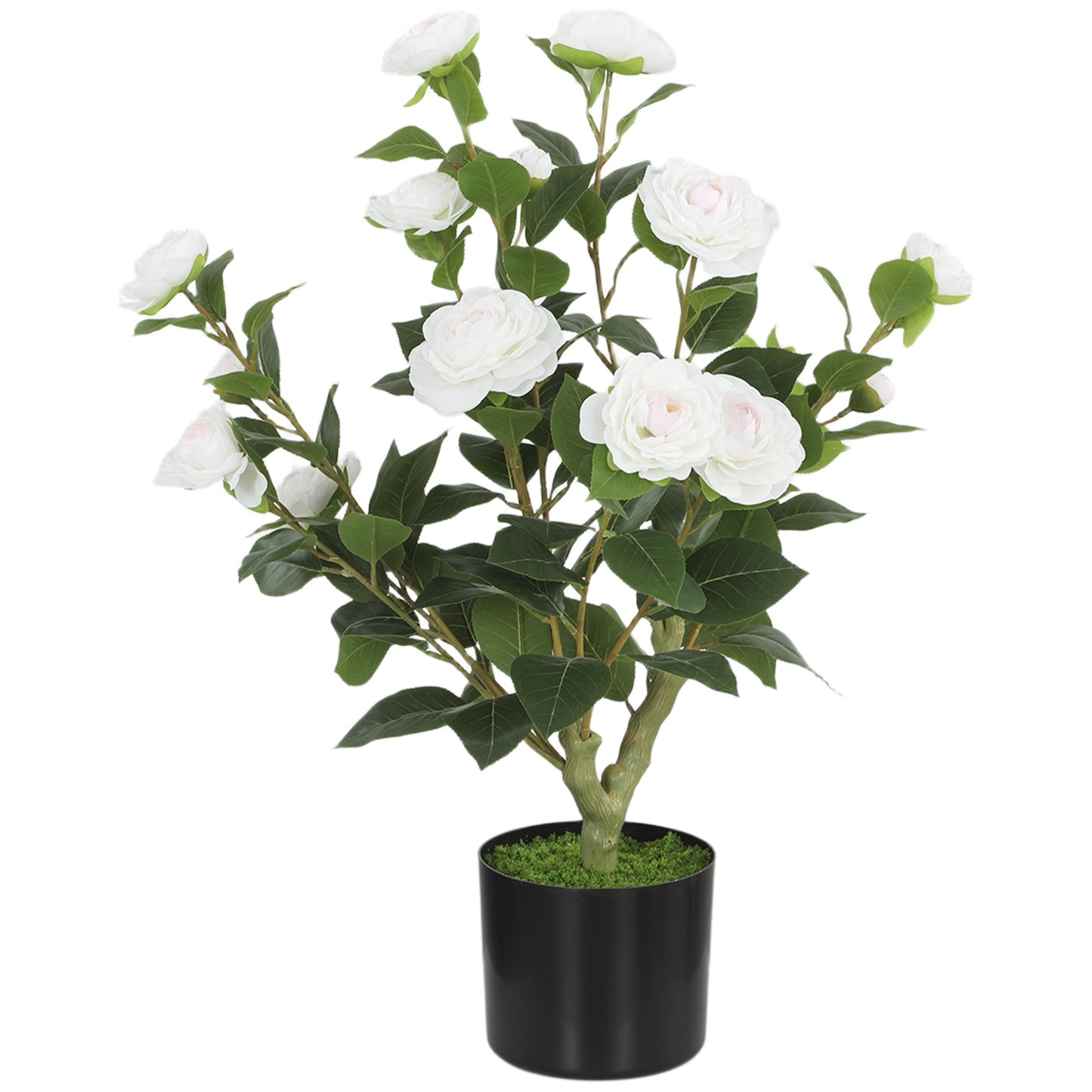 65cm Artificial Camellia Flower Plant in Pot, Realistic Silk Flowers with 116 Lush Leaves & Moss Effect, Faux Tree for Outdoor Indoor Garden Porch Decor