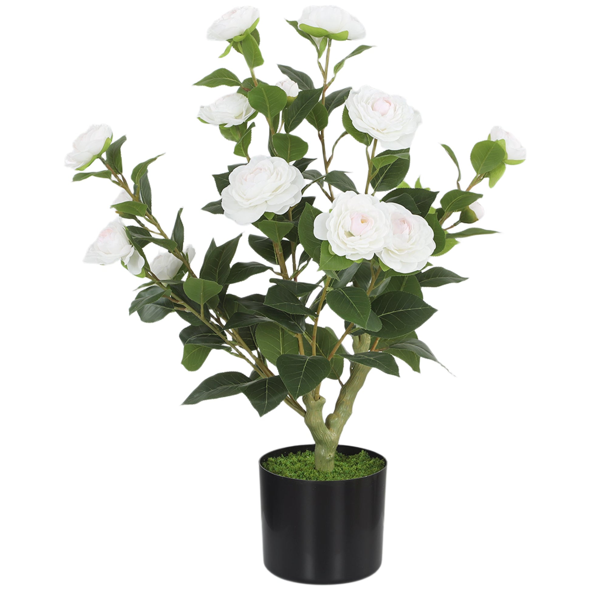65cm Artificial Camellia Flower Plant in Pot, Realistic Silk Flowers with 116 Lush Leaves & Moss Effect, Faux Tree for Outdoor Indoor Garden Porch Decor