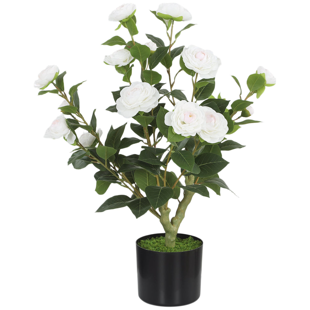 65cm Artificial Camellia Flower Plant in Pot, Realistic Silk Flowers with 116 Lush Leaves & Moss Effect, Faux Tree for Outdoor Indoor Garden Porch Decor