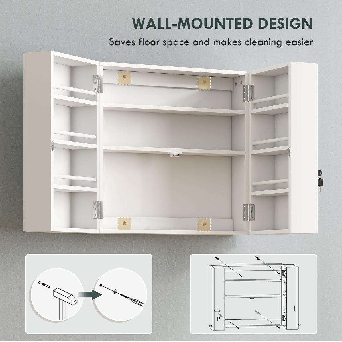 Wall Mount Medicine Cabinet with Key Lock, 3 Tier First Aid Cabinet with 2 Doors and 11 Storage Compartments, Medical Organiser for Bathroom, Home Office, 53 x 20 x 53 cm, White