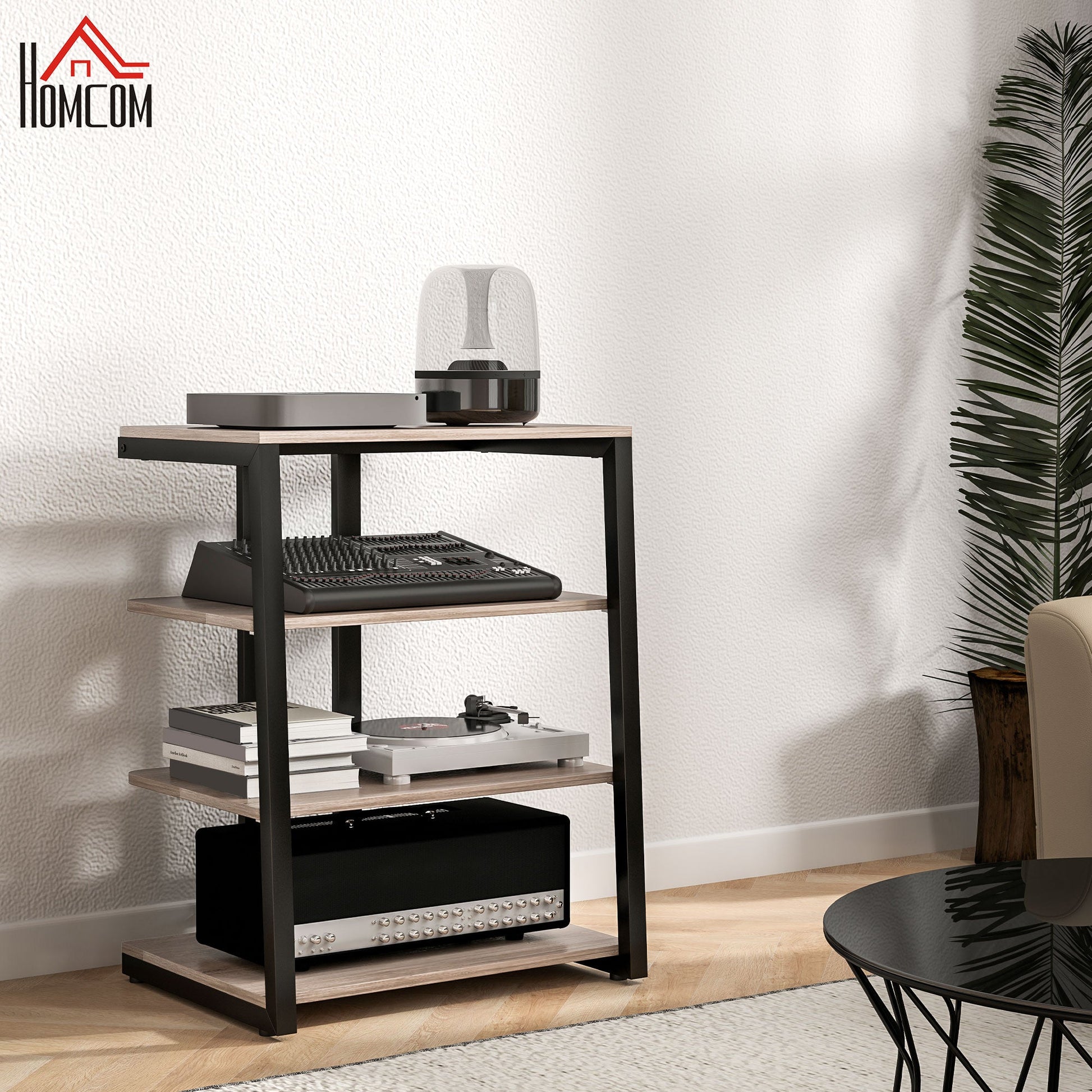 HOMCOM HiFi Stand, 4-Tier Media Storage Shelf with Adjustable Shelves, Power Strip Rack for Router, Record Player, Printer, Industrial TV Stand for up to 28 Inch TVs, Grey