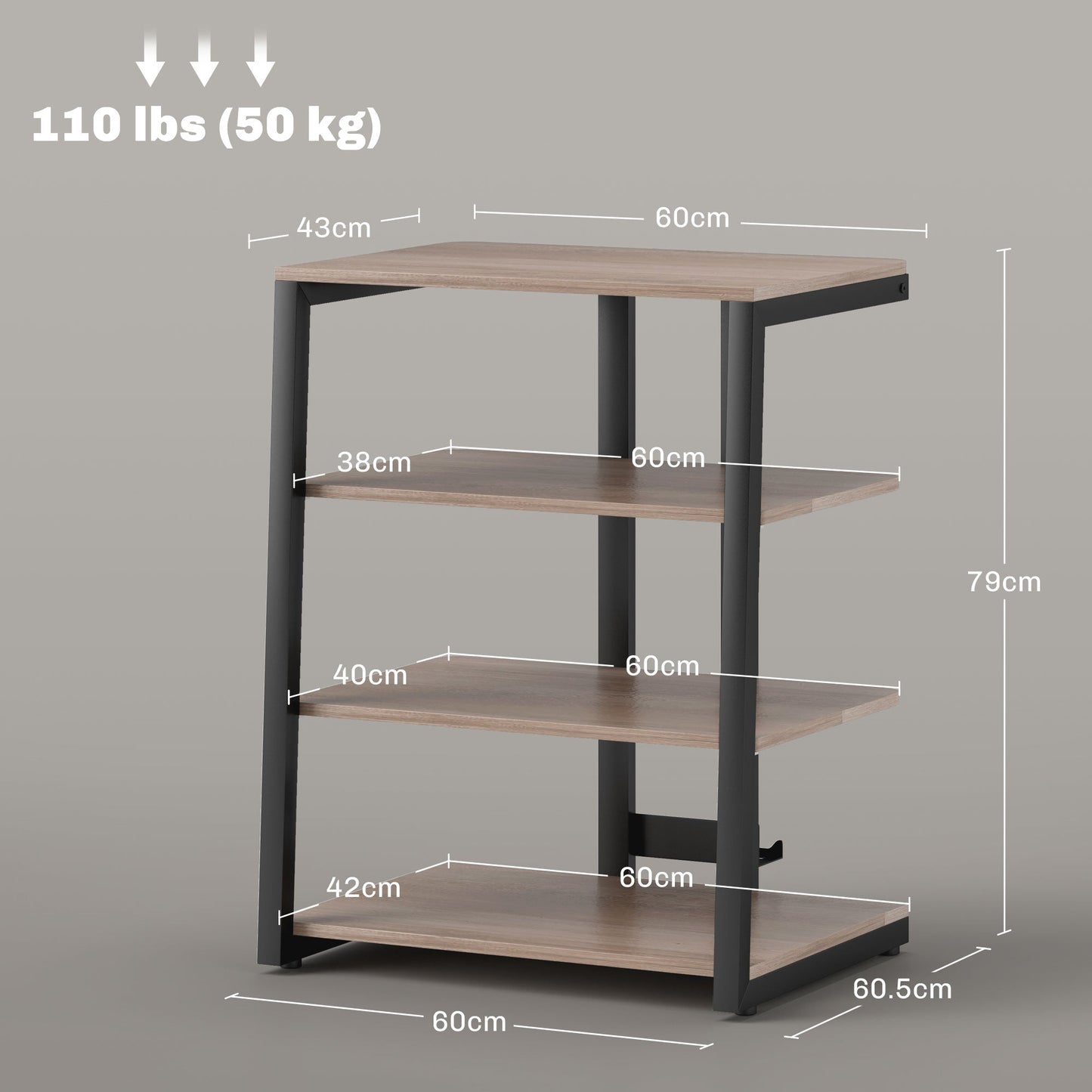 HOMCOM HiFi Stand, 4-Tier Media Storage Shelf with Adjustable Shelves, Power Strip Rack for Router, Record Player, Printer, Industrial TV Stand for up to 28 Inch TVs, Grey