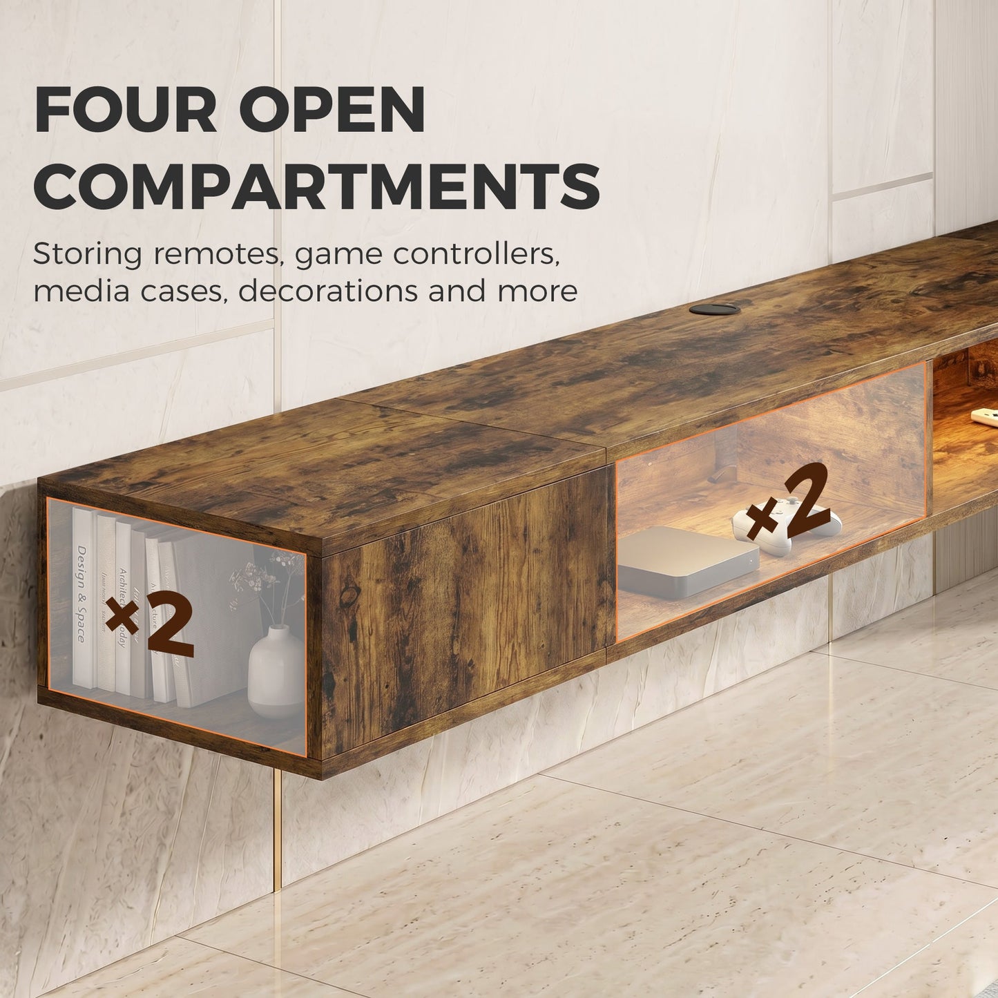 TV Stand for TVs up to 75 Inch, Industrial Entertainment Center with RGB LED Lights, USB Powered, Wall-Mounted Media Console Table with 4 Open Storage Shelves for Living Room, Rustic Brown