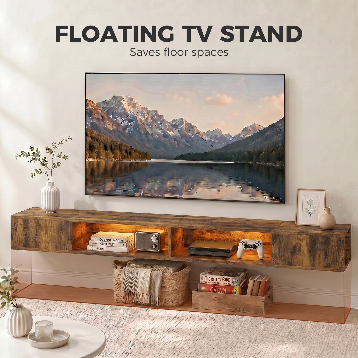 TV Stand for TVs up to 75 Inch, Industrial Entertainment Center with RGB LED Lights, USB Powered, Wall-Mounted Media Console Table with 4 Open Storage Shelves for Living Room, Rustic Brown