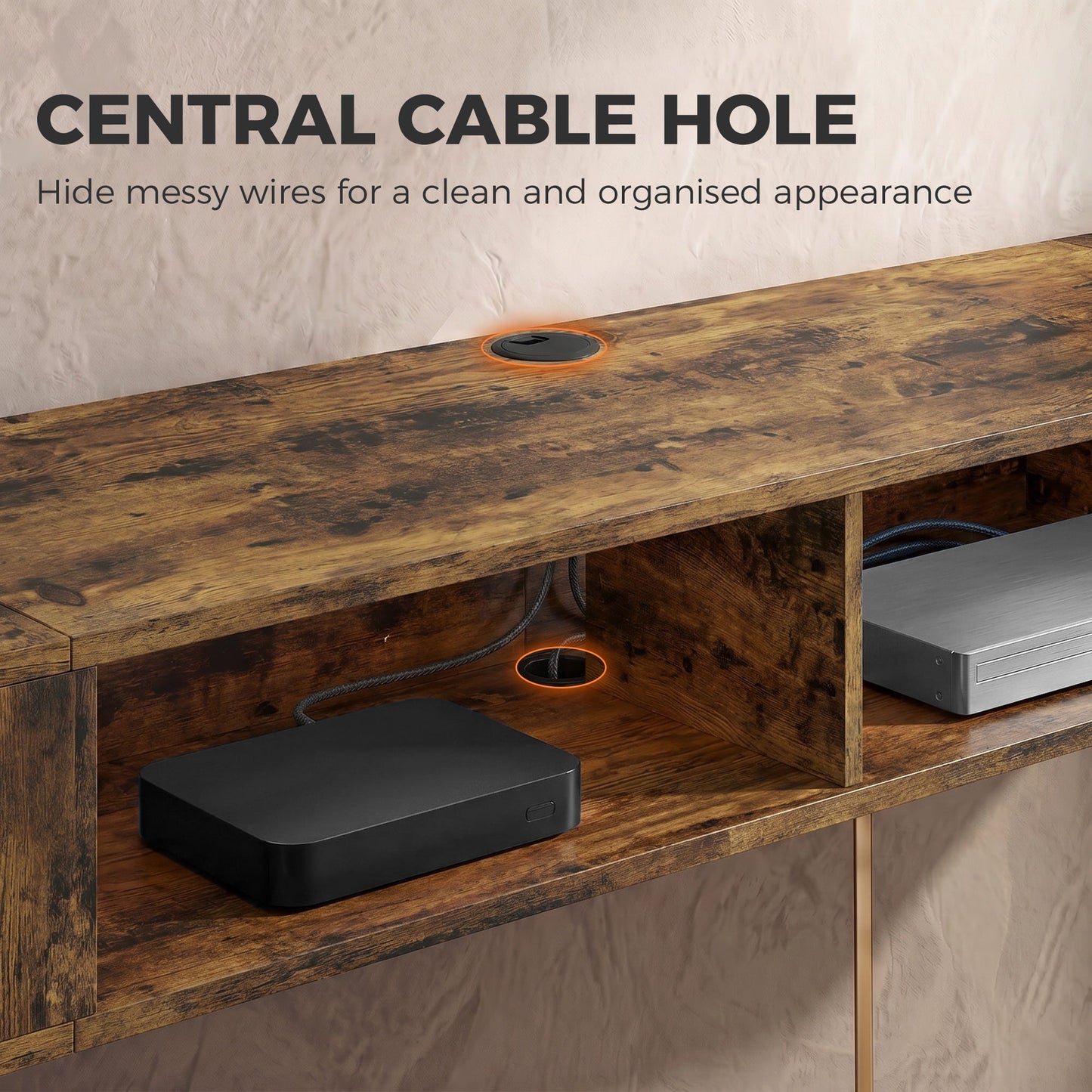TV Stand for TVs up to 75 Inch, Industrial Entertainment Center with RGB LED Lights, USB Powered, Wall-Mounted Media Console Table with 4 Open Storage Shelves for Living Room, Rustic Brown