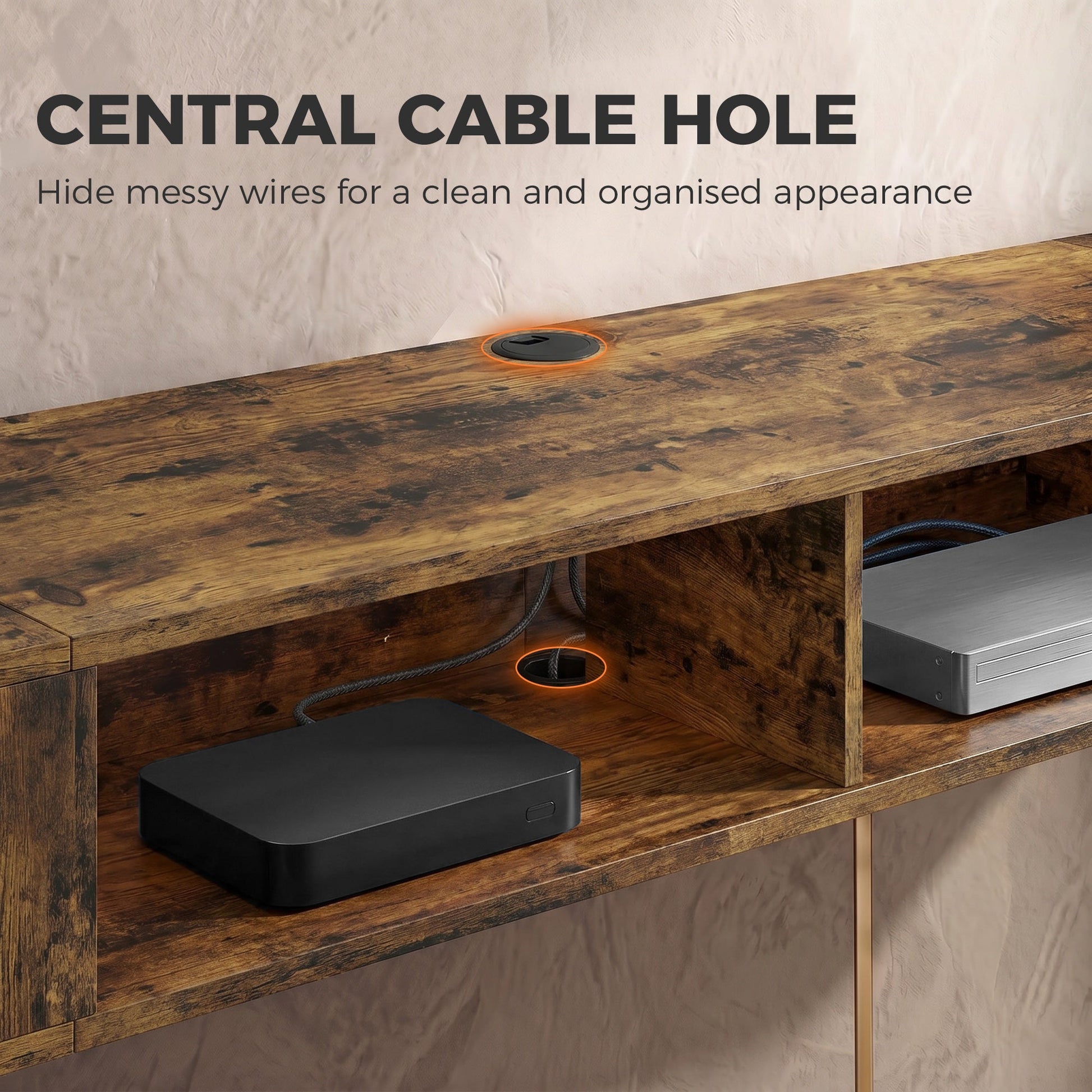 TV Stand for TVs up to 75 Inch, Industrial Entertainment Center with RGB LED Lights, USB Powered, Wall-Mounted Media Console Table with 4 Open Storage Shelves for Living Room, Rustic Brown