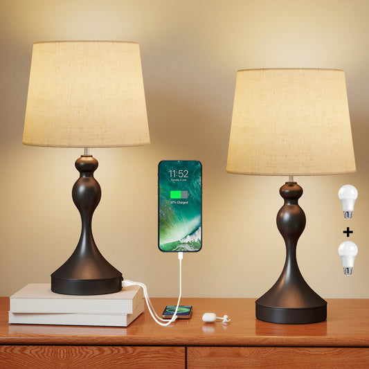 Dimmable Bedside Lamps Set of 2, Modern Table Lamps with 3 Colour Temperatures, USB A+C Charging Ports and Linen Shade for Living Room Bedroom Office, Black
