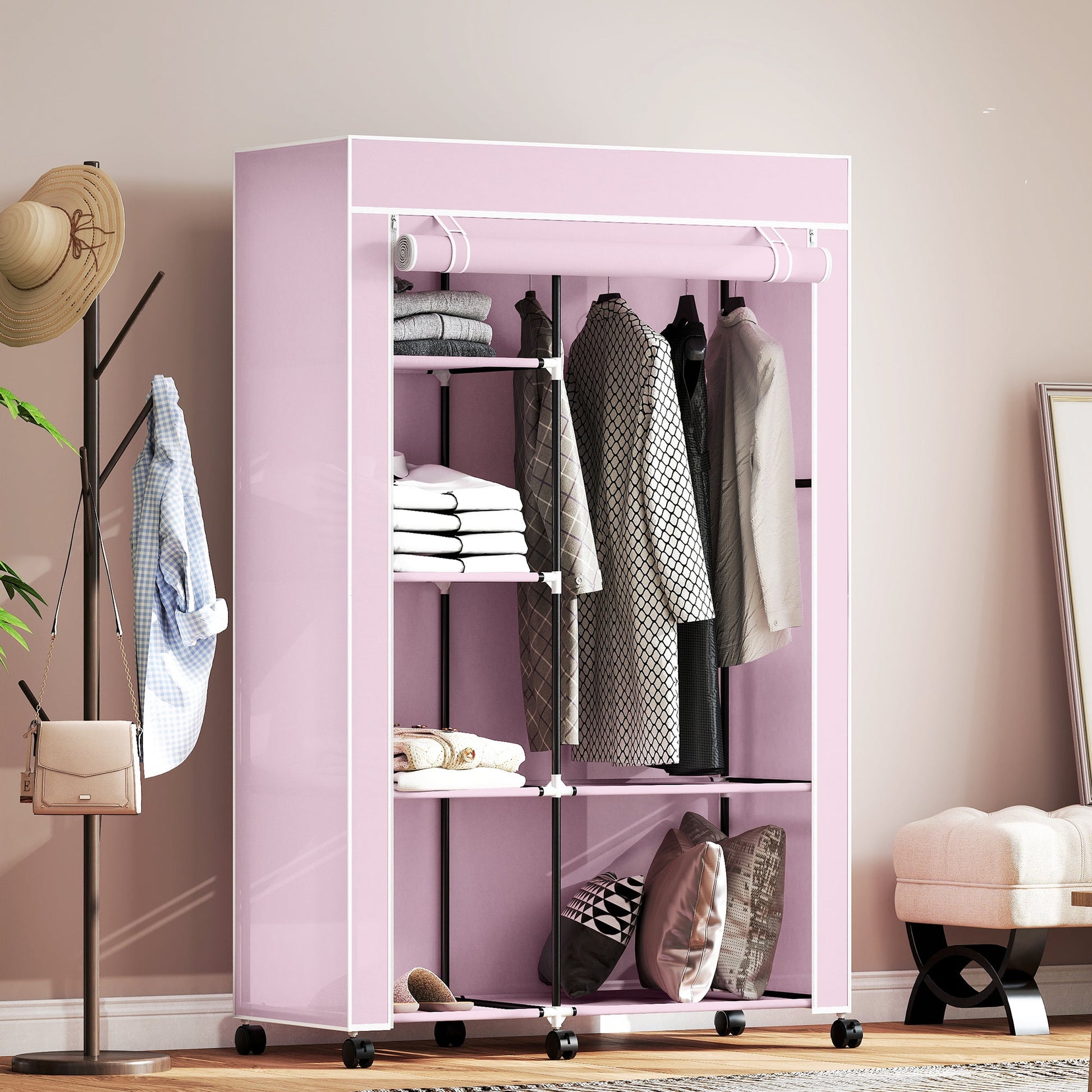 Fabric Wardrobe, Mobile Portable Wardrobe with 6 Shelves, 1 Hanging Rail, Foldable Closets, 103 x 43 x 162.5 cm, Pink