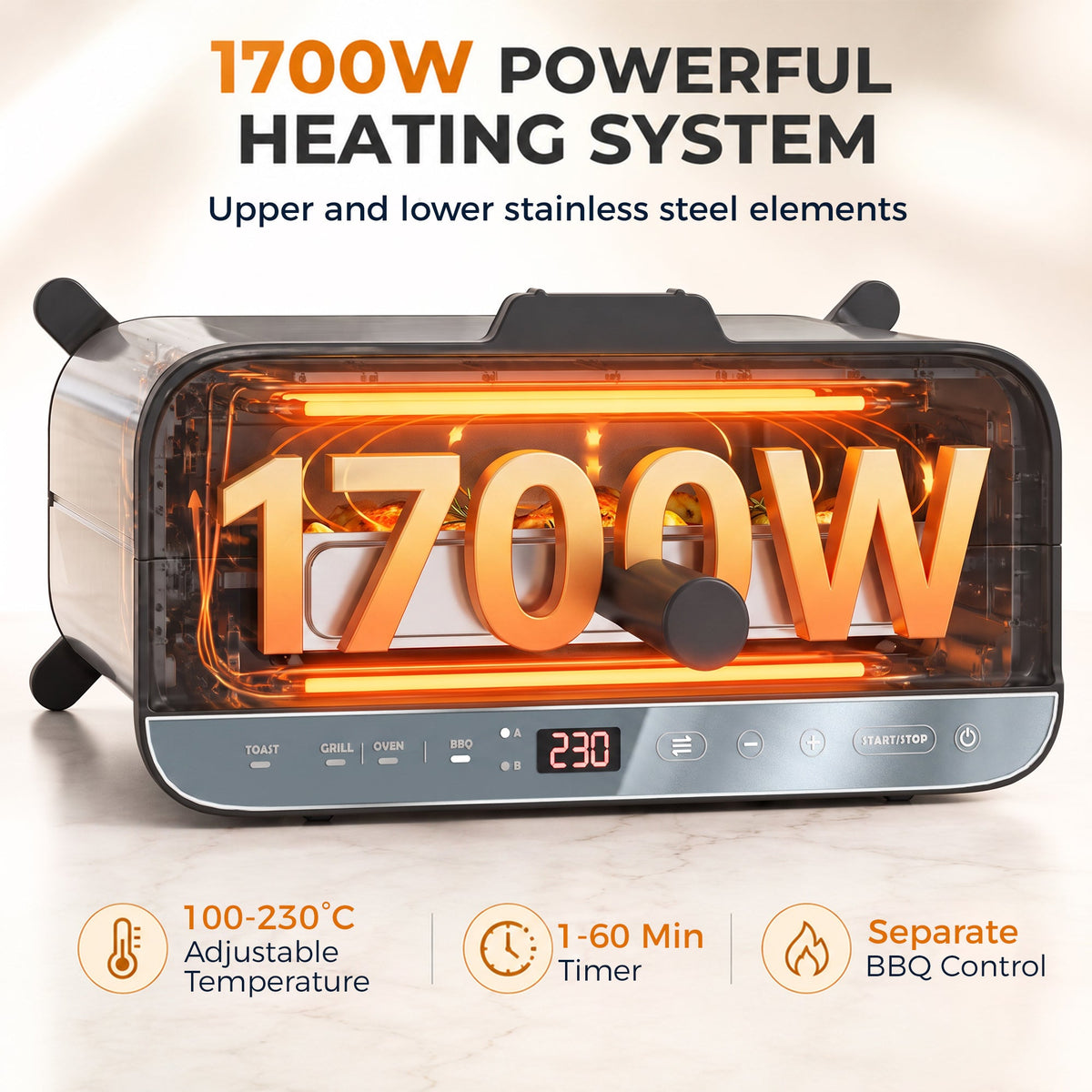 3-in-1 Electric Mini Oven, Long Slot Toaster and Tabletop Grill, 4.9L Countertop Multi-Function Oven with LED Display, 60 Min Timer, Baking Tray, Wire Rack & Crumb Tray, Stainless Steel, 1700W