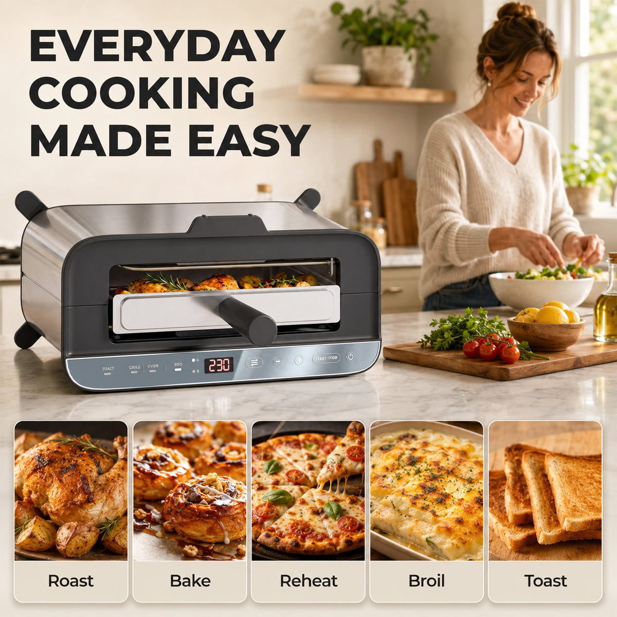3-in-1 Electric Mini Oven, Long Slot Toaster and Tabletop Grill, 4.9L Countertop Multi-Function Oven with LED Display, 60 Min Timer, Baking Tray, Wire Rack & Crumb Tray, Stainless Steel, 1700W
