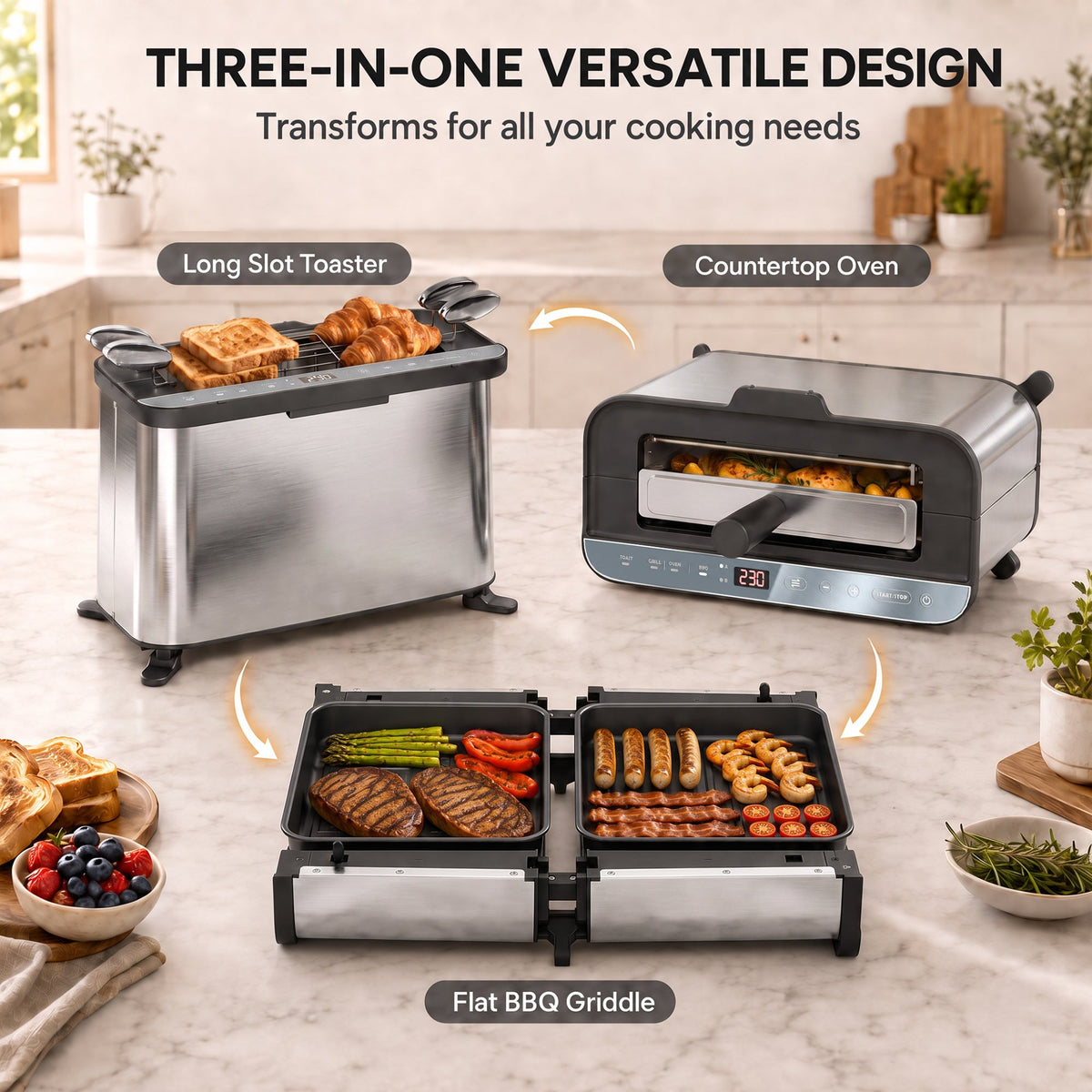 3-in-1 Electric Mini Oven, Long Slot Toaster and Tabletop Grill, 4.9L Countertop Multi-Function Oven with LED Display, 60 Min Timer, Baking Tray, Wire Rack & Crumb Tray, Stainless Steel, 1700W