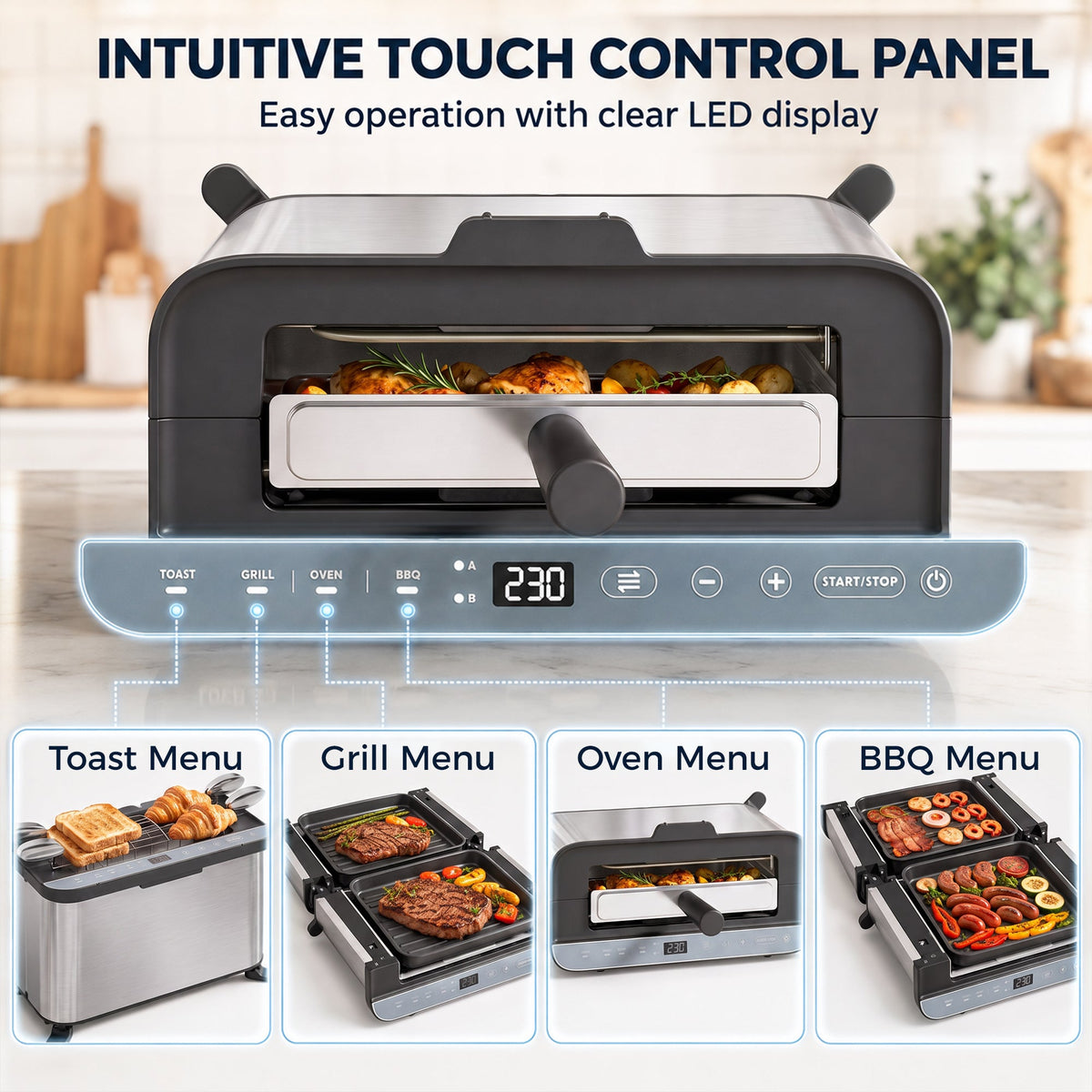 3-in-1 Electric Mini Oven, Long Slot Toaster and Tabletop Grill, 4.9L Countertop Multi-Function Oven with LED Display, 60 Min Timer, Baking Tray, Wire Rack & Crumb Tray, Stainless Steel, 1700W