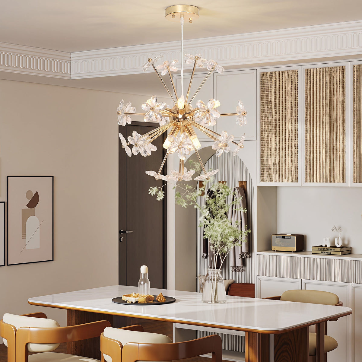Crystal Chandeliers Ceiling Light with Flower, Modern Pendant Light with Adjustable Height, Ceiling Plate, Crystal Glass for Study, Dining Room, Clear, Bulb Not Included