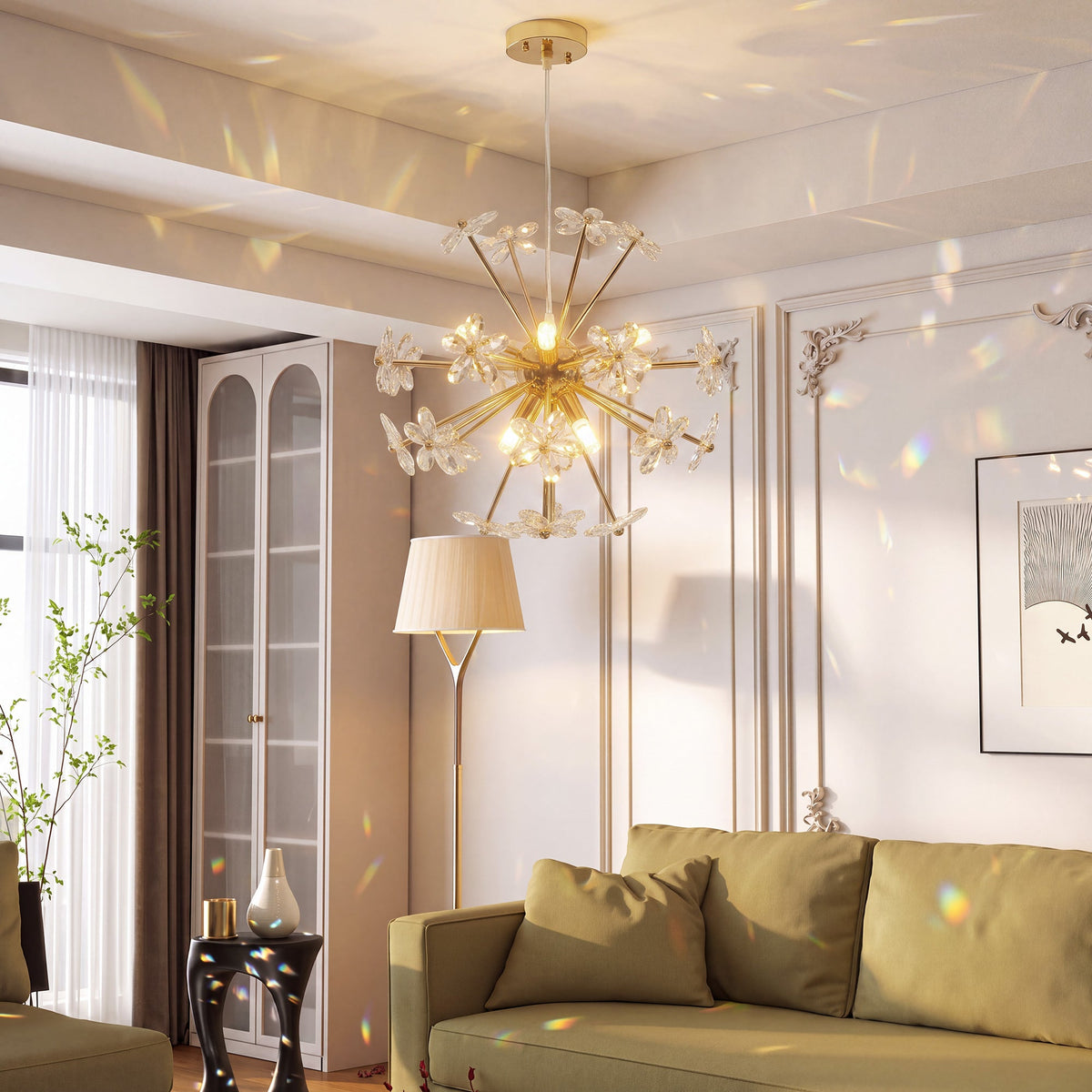 Crystal Chandeliers Ceiling Light with Flower, Modern Pendant Light with Adjustable Height, Ceiling Plate, Crystal Glass for Study, Dining Room, Clear, Bulb Not Included
