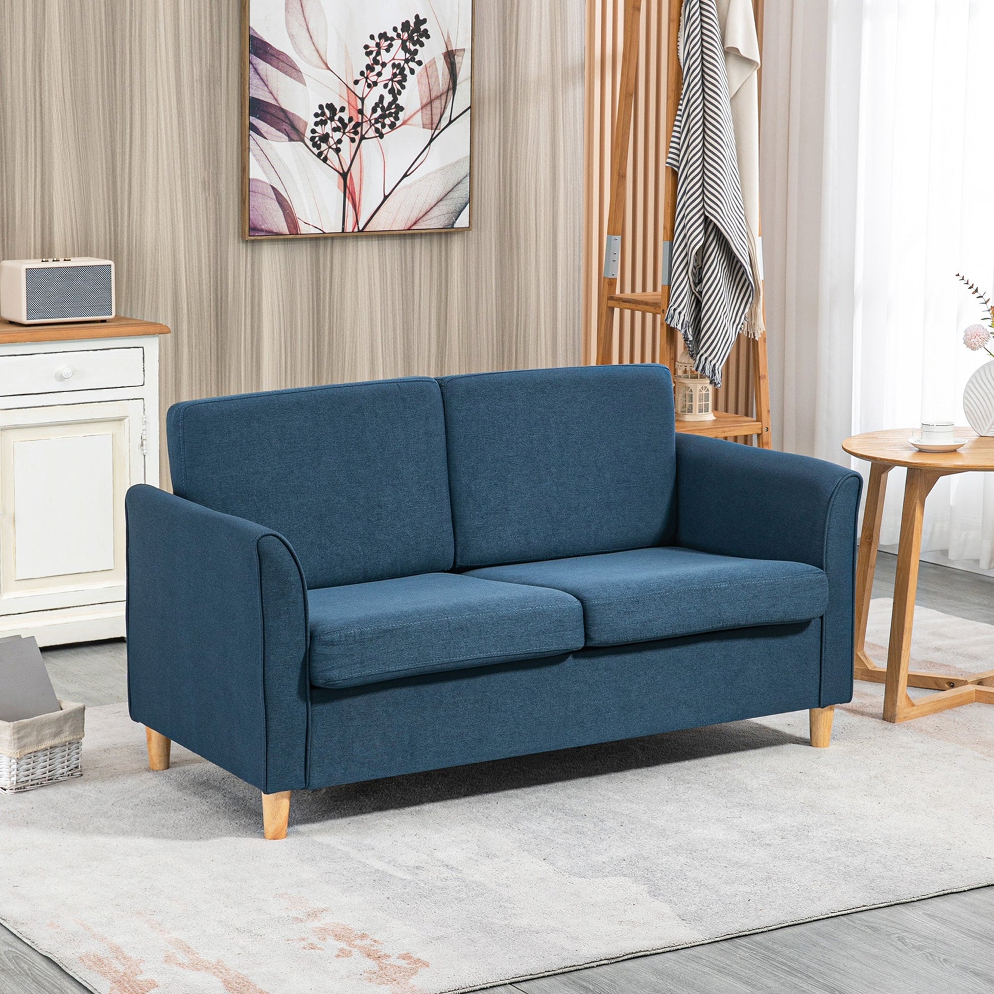 HOMCOM 2 Seater Sofa, Compact Loveseat, Fabric Couch with Wood Legs and Armrest, for Living Room and Home Office Blue