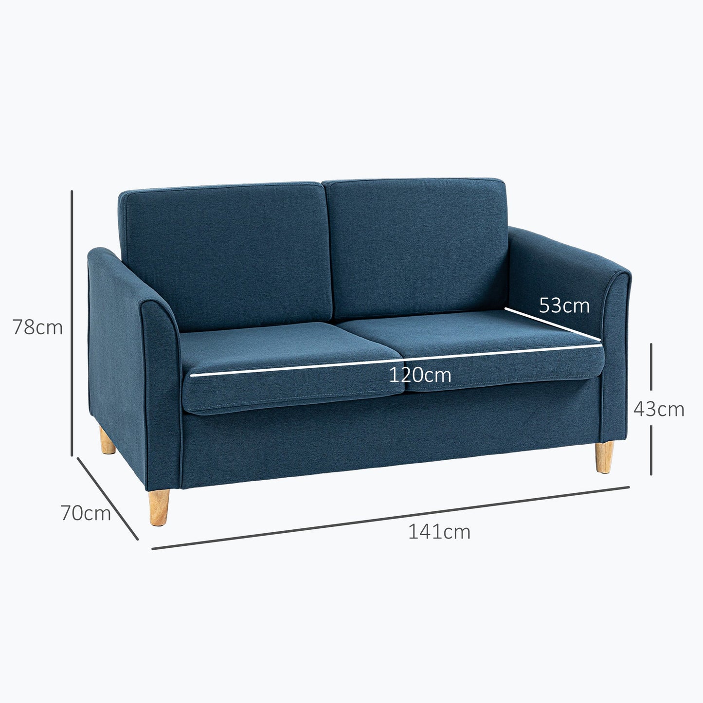 HOMCOM 2 Seater Sofa, Compact Loveseat, Fabric Couch with Wood Legs and Armrest, for Living Room and Home Office Blue