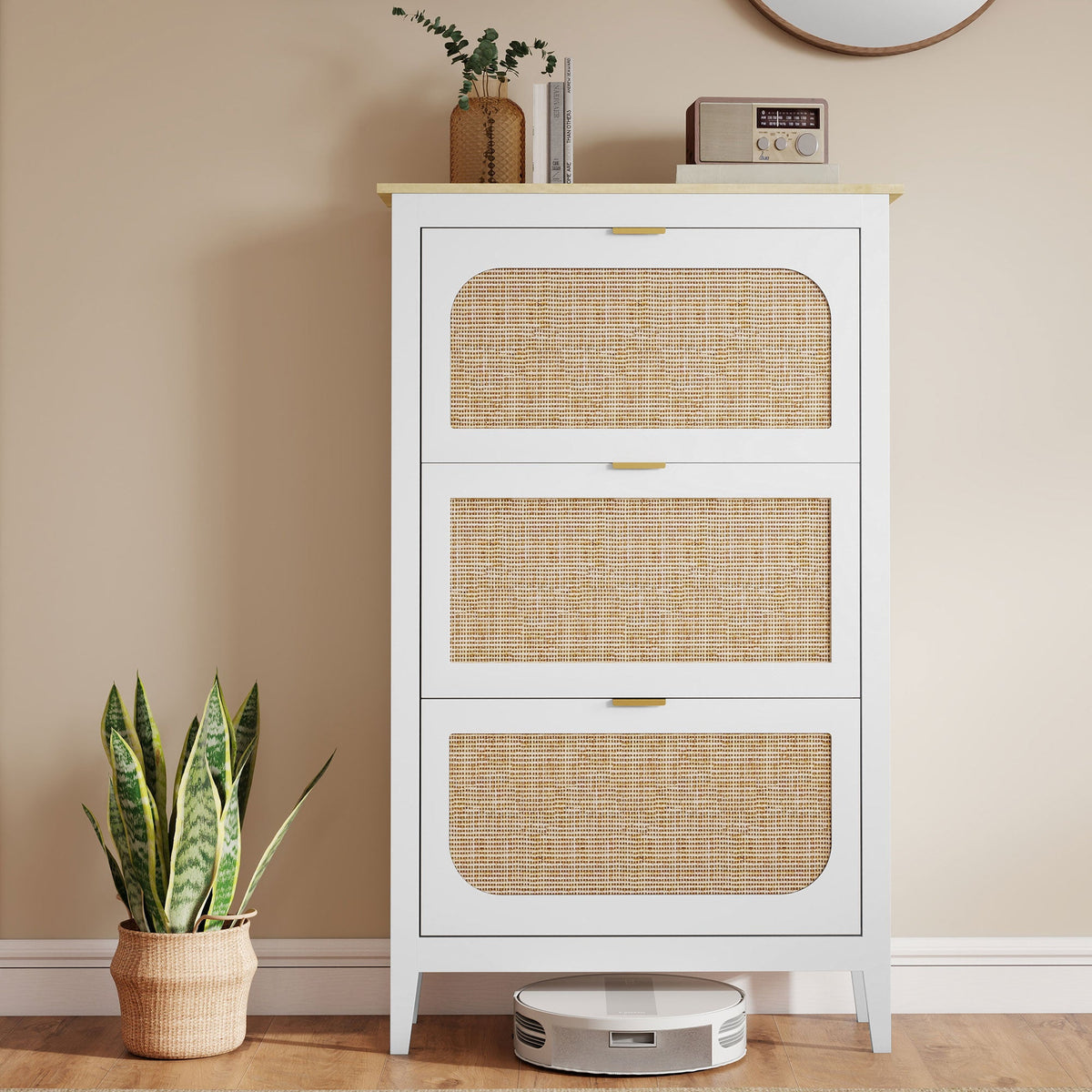 Shoe Storage Cabinet with 3 Flip Drawers, Boho Slim Shoe Cabinet with Rattan Doors for Entryway, Hallway, Holds 21 Pairs, White
