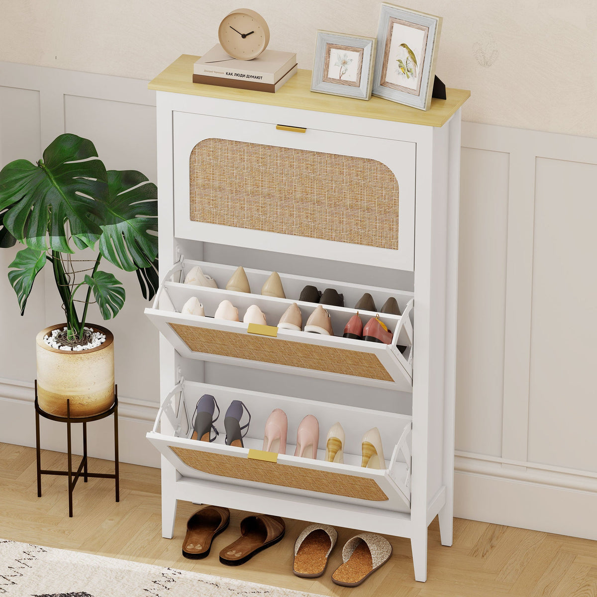 Shoe Storage Cabinet with 3 Flip Drawers, Boho Slim Shoe Cabinet with Rattan Doors for Entryway, Hallway, Holds 21 Pairs, White