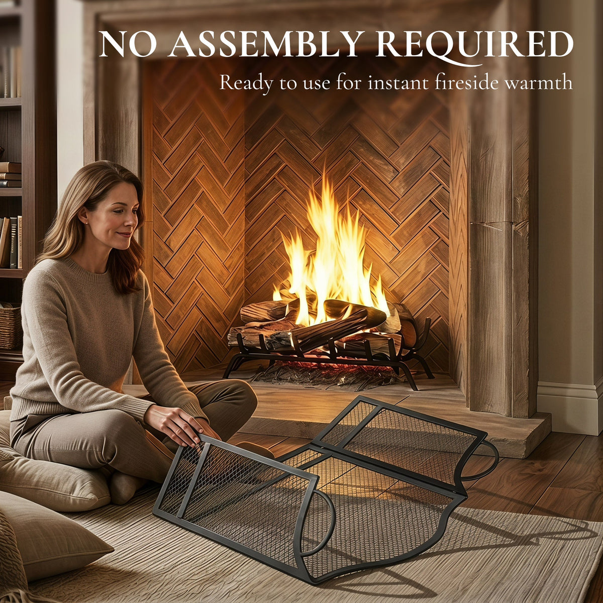 Floral 3-Panel Folding Fireplace Screen for Hearth Protection with Spark Guard, for Fireplace, Heat-Resistant Metal Fire Spark Guard, 122 x 1 x 74 cm, Black