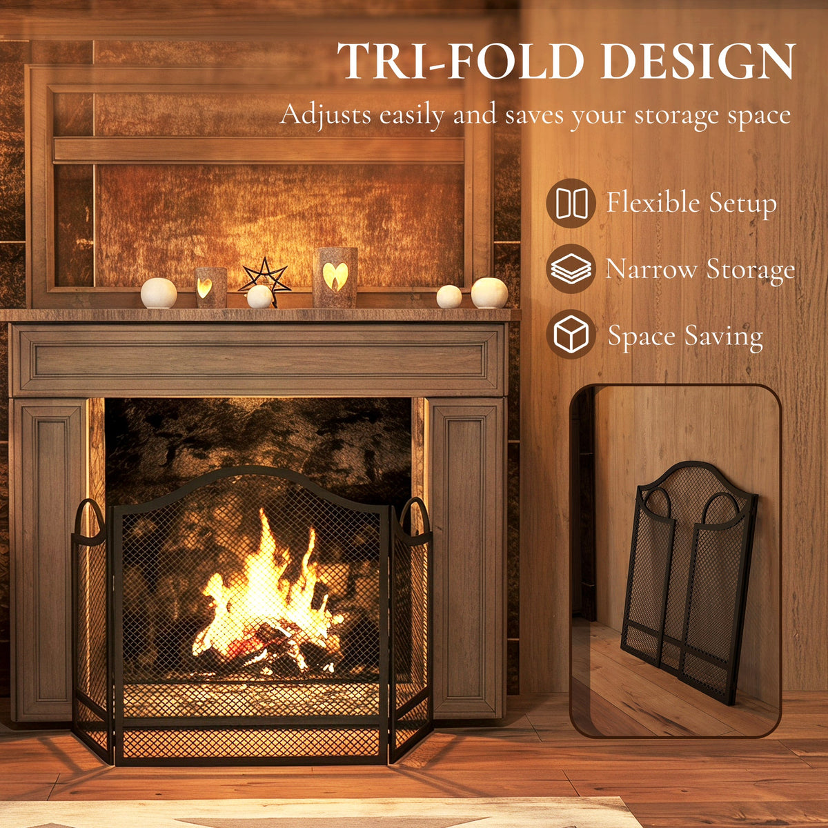 Floral 3-Panel Folding Fireplace Screen for Hearth Protection with Spark Guard, for Fireplace, Heat-Resistant Metal Fire Spark Guard, 122 x 1 x 74 cm, Black