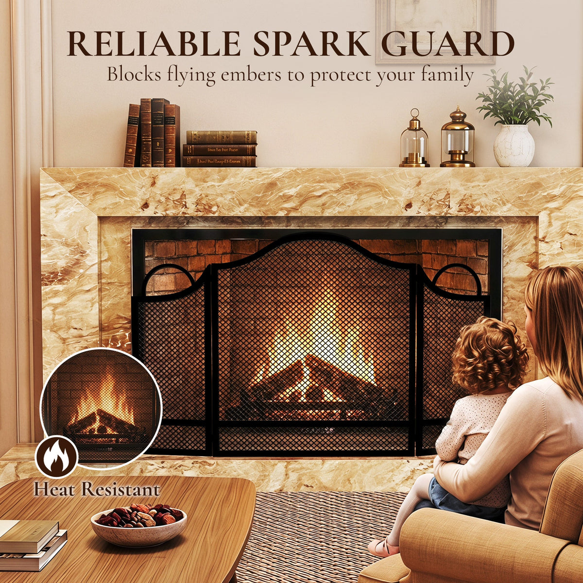 Floral 3-Panel Folding Fireplace Screen for Hearth Protection with Spark Guard, for Fireplace, Heat-Resistant Metal Fire Spark Guard, 122 x 1 x 74 cm, Black