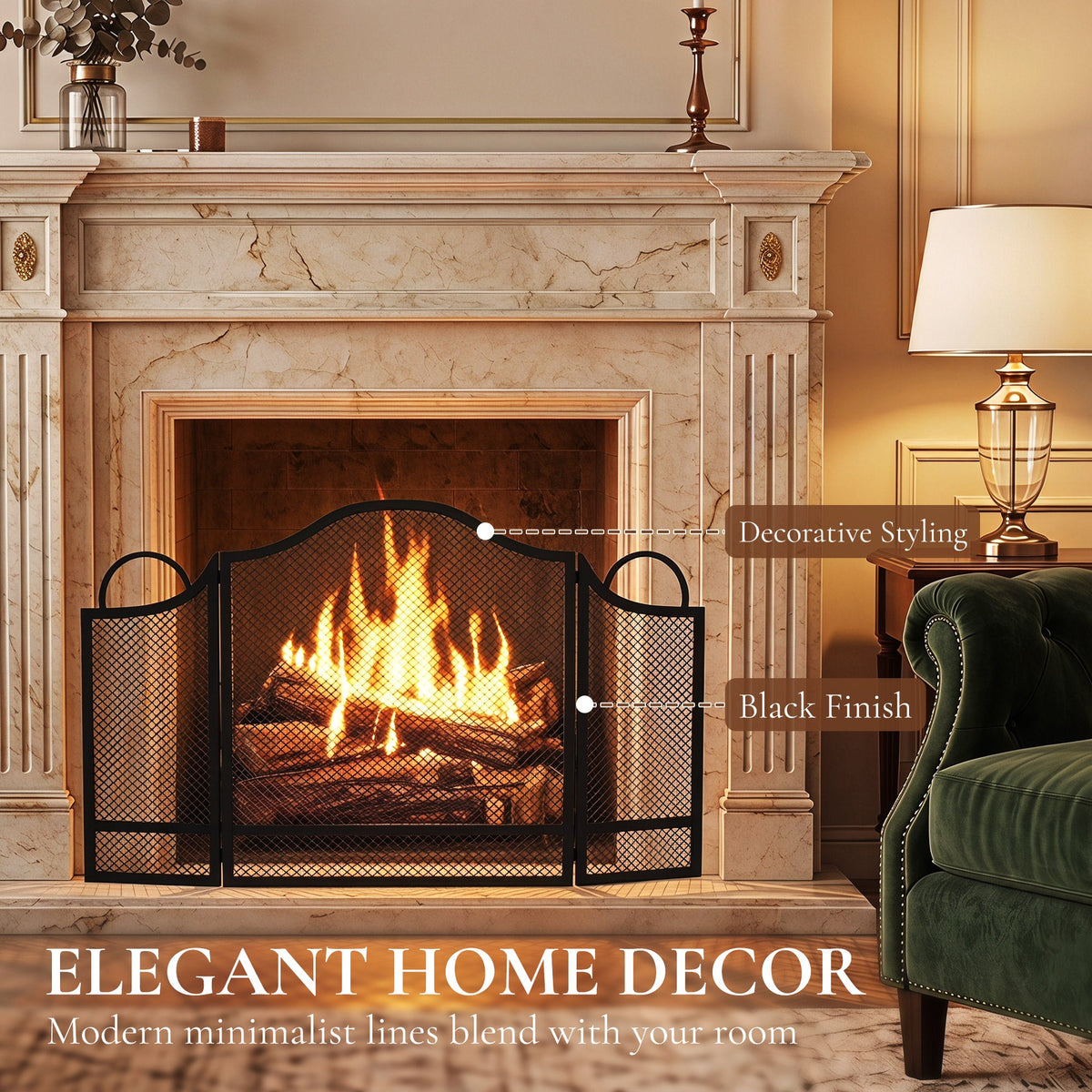 Floral 3-Panel Folding Fireplace Screen for Hearth Protection with Spark Guard, for Fireplace, Heat-Resistant Metal Fire Spark Guard, 122 x 1 x 74 cm, Black