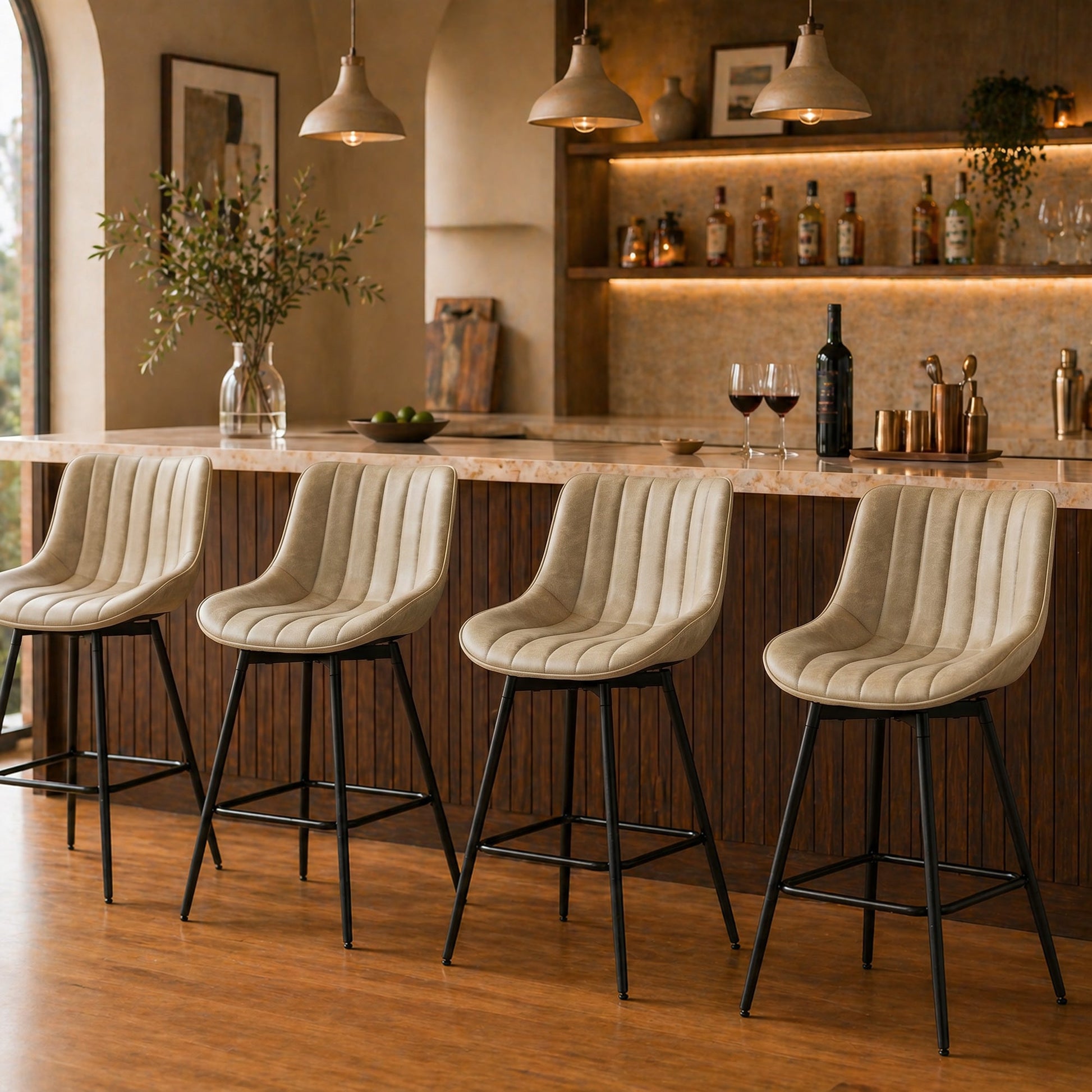 Swivel Bar Stools Set of 2, Textured Faux Leather Counter Stools with Backrest and Footrest, Height Adjustable Breakfast Chairs for Kitchen Island, Home Bar, Dining Room, Light Brown