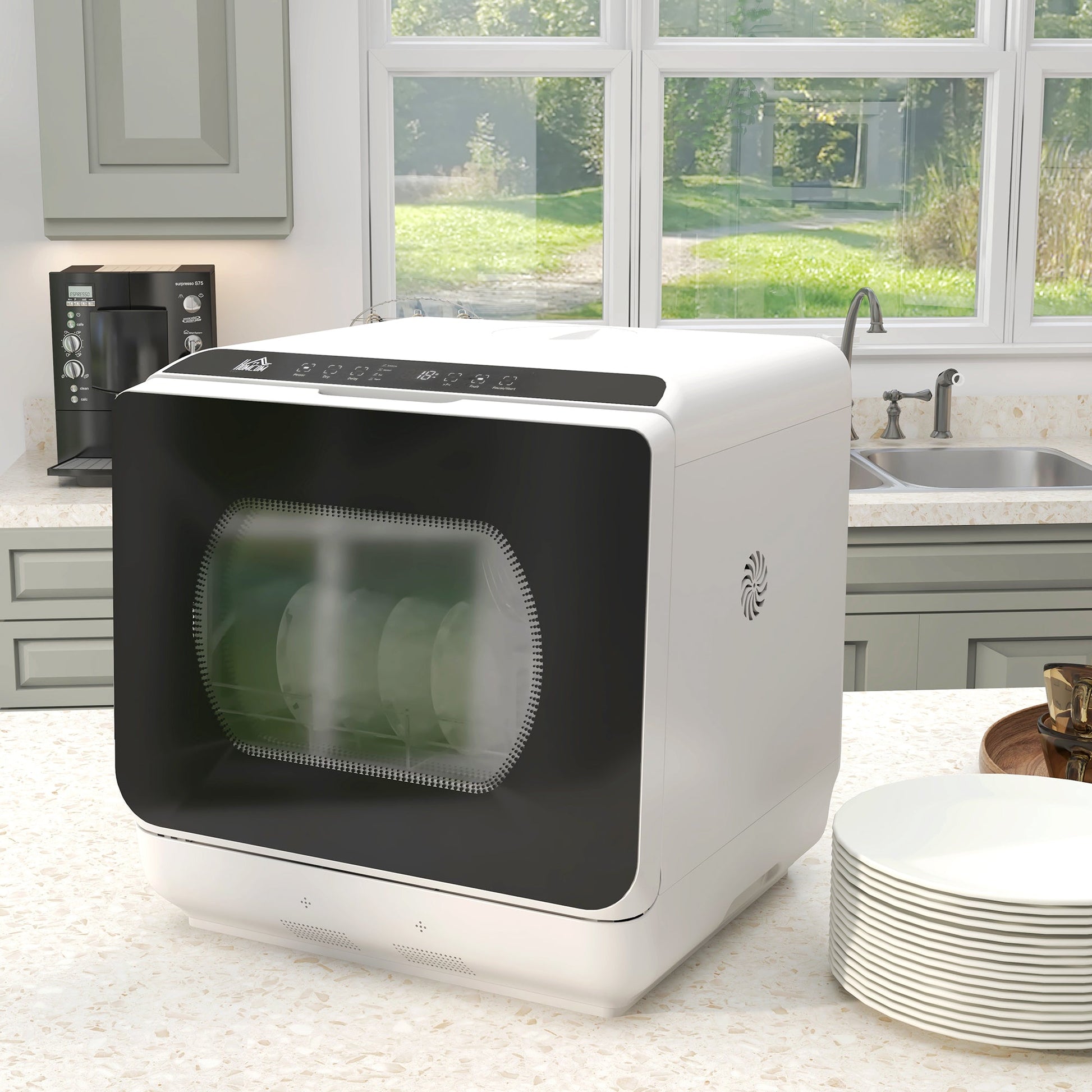 HOMCOM Tabletop Dishwasher, Mini Countertop Dishwasher with 4 Place Settings, 6 Programs, 6L Water Tank, Touch Control, LED Display, Delay Start, Dual Water Supply and Fruit Wash Mode, White