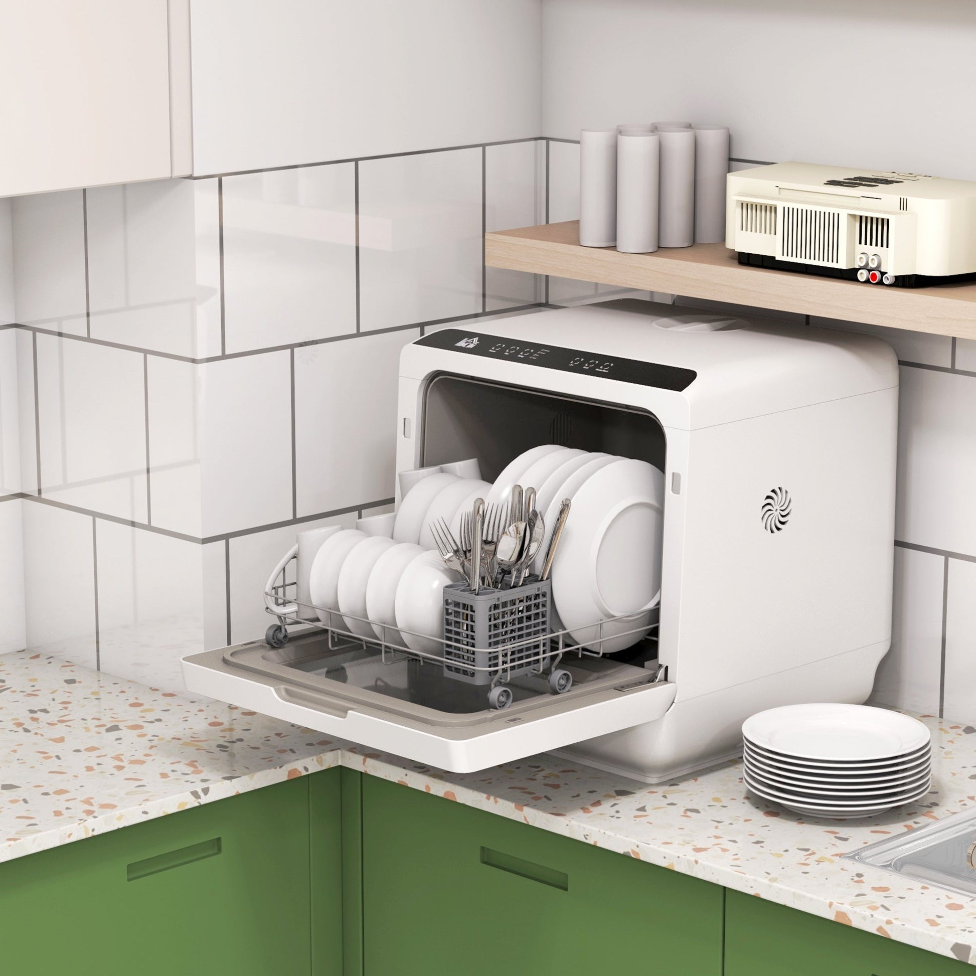 HOMCOM Tabletop Dishwasher, Mini Countertop Dishwasher with 4 Place Settings, 6 Programs, 6L Water Tank, Touch Control, LED Display, Delay Start, Dual Water Supply and Fruit Wash Mode, White