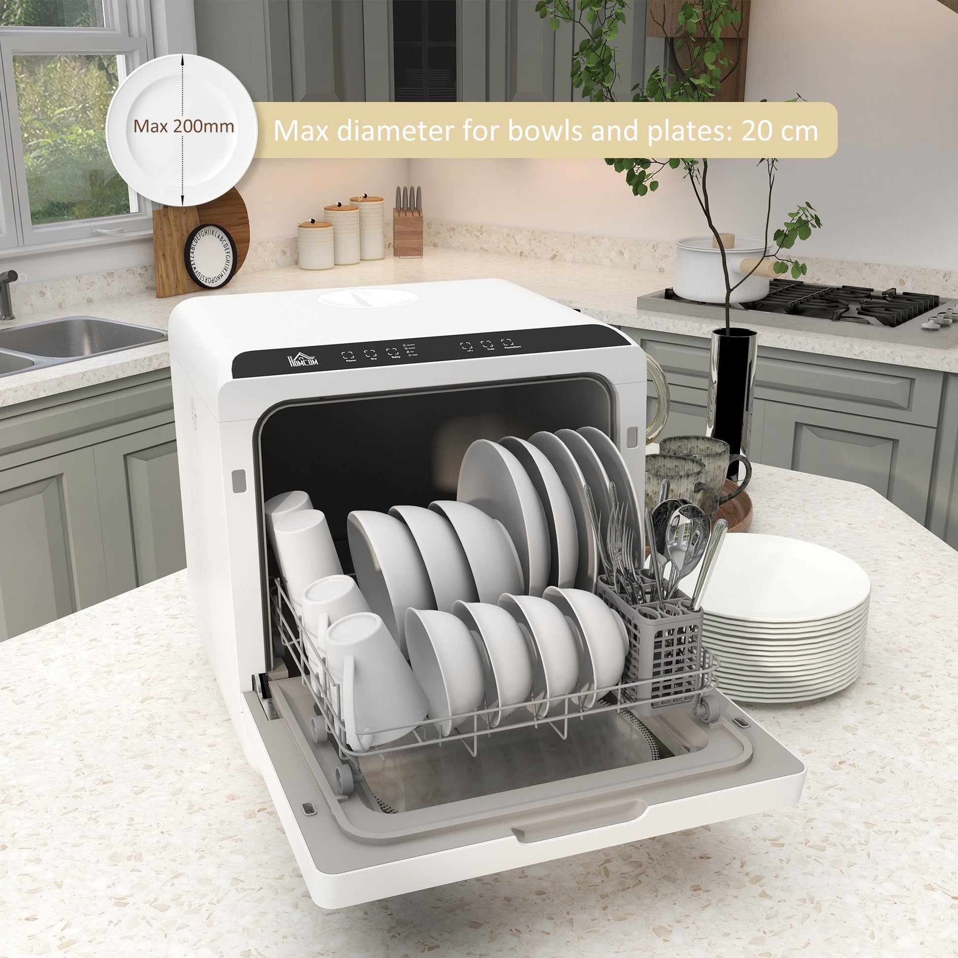 HOMCOM Tabletop Dishwasher, Mini Countertop Dishwasher with 4 Place Settings, 6 Programs, 6L Water Tank, Touch Control, LED Display, Delay Start, Dual Water Supply and Fruit Wash Mode, White