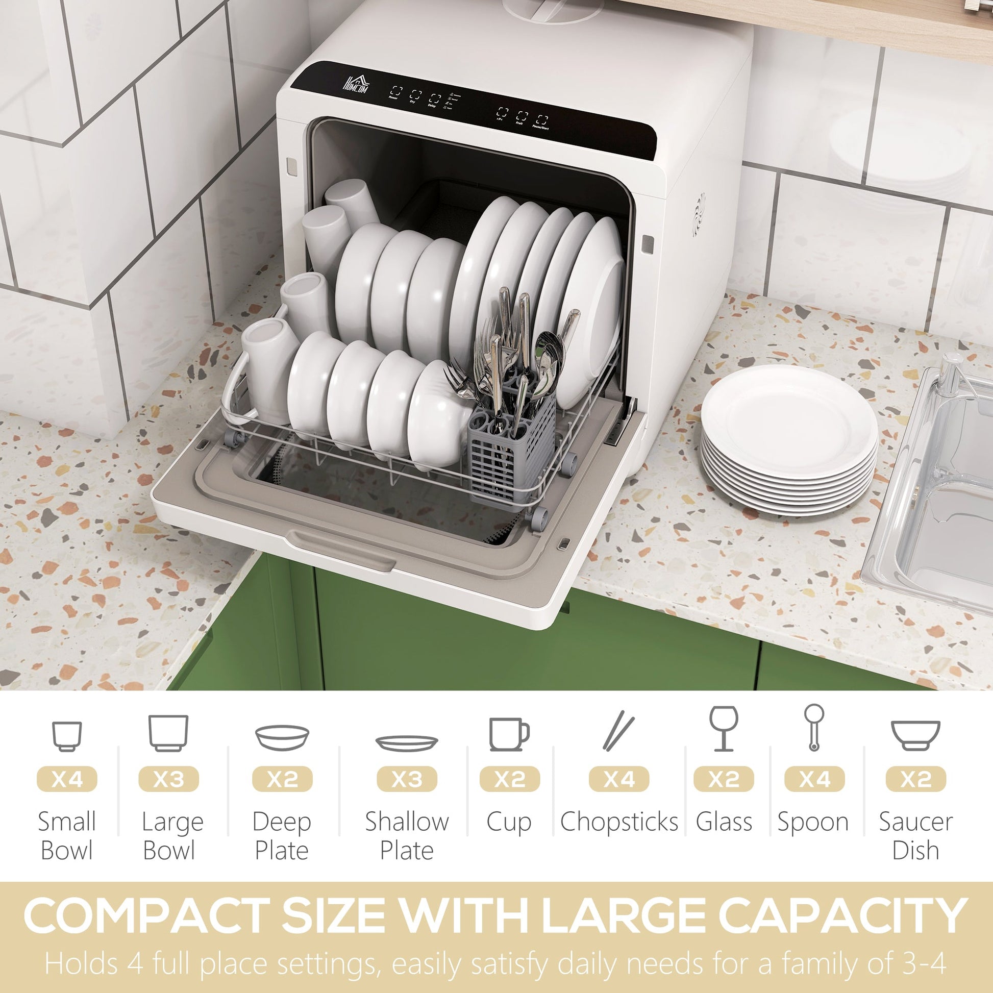 HOMCOM Tabletop Dishwasher, Mini Countertop Dishwasher with 4 Place Settings, 6 Programs, 6L Water Tank, Touch Control, LED Display, Delay Start, Dual Water Supply and Fruit Wash Mode, White