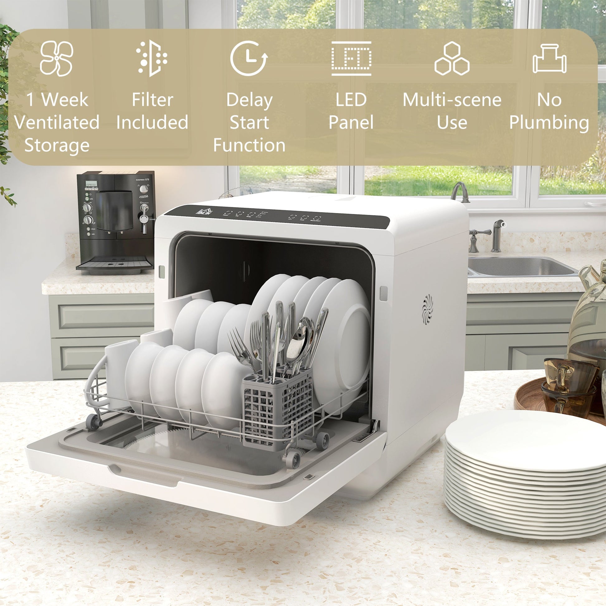 HOMCOM Tabletop Dishwasher, Mini Countertop Dishwasher with 4 Place Settings, 6 Programs, 6L Water Tank, Touch Control, LED Display, Delay Start, Dual Water Supply and Fruit Wash Mode, White