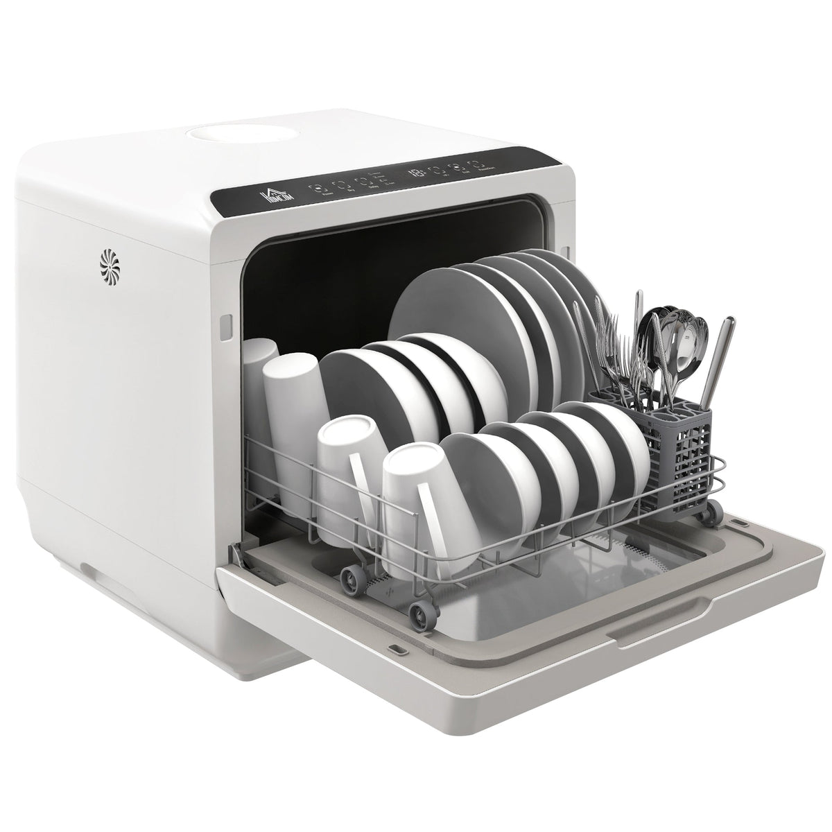 HOMCOM Tabletop Dishwasher, Mini Countertop Dishwasher with 4 Place Settings, 6 Programs, 6L Water Tank, Touch Control, LED Display, Delay Start, Dual Water Supply and Fruit Wash Mode, White