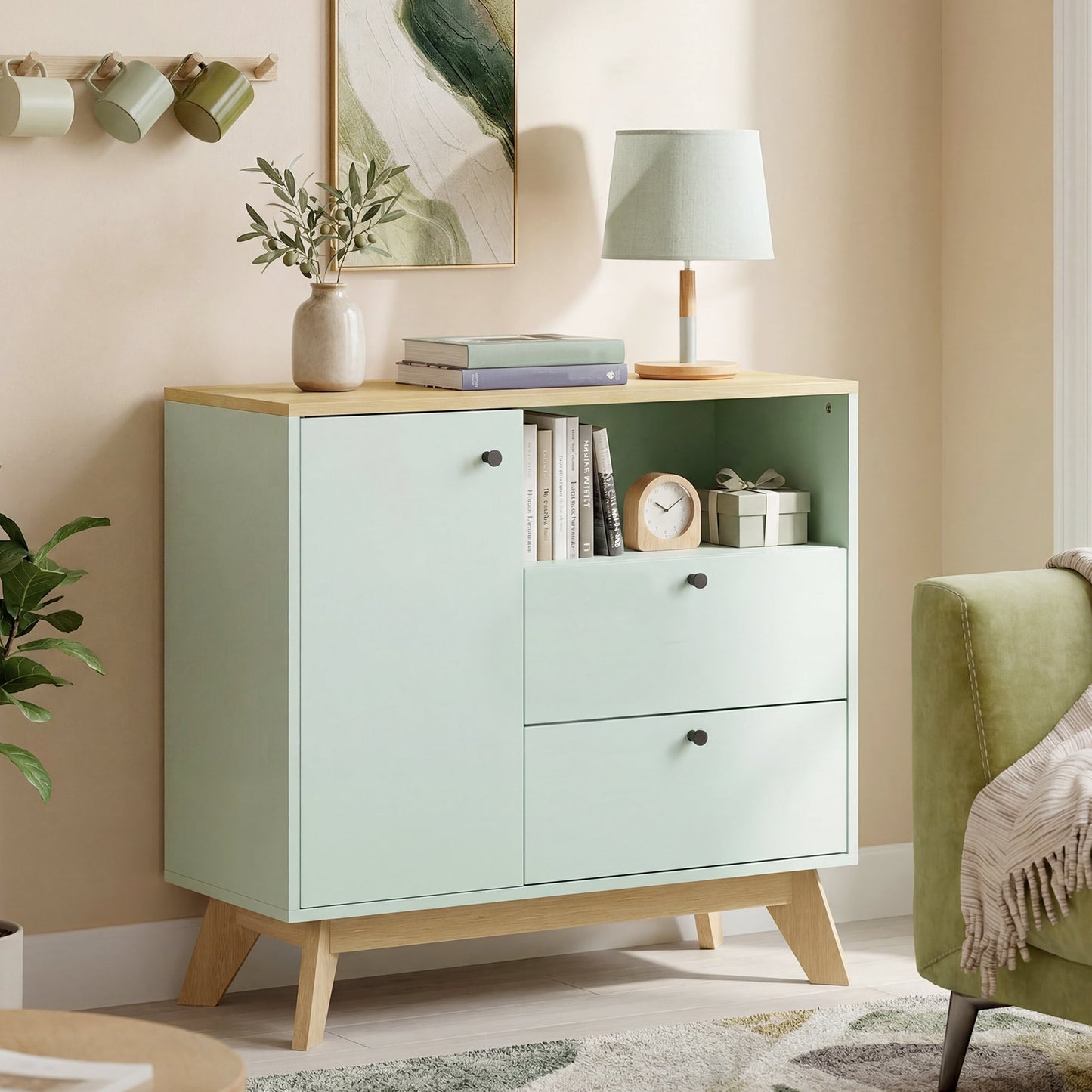 Sideboard Storage Cabinet, 80 cm Modern Buffet Cabinet with Door, 2 Drawers, Open Compartment and Adjustable Shelf for Living Room, Dining Room, Kitchen, Light Green and Oak