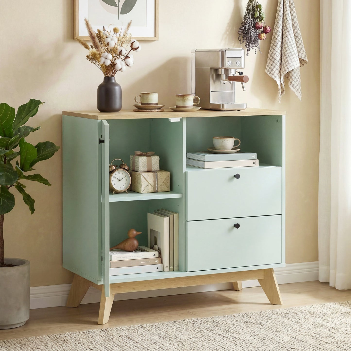 Sideboard Storage Cabinet, 80 cm Modern Buffet Cabinet with Door, 2 Drawers, Open Compartment and Adjustable Shelf for Living Room, Dining Room, Kitchen, Light Green and Oak