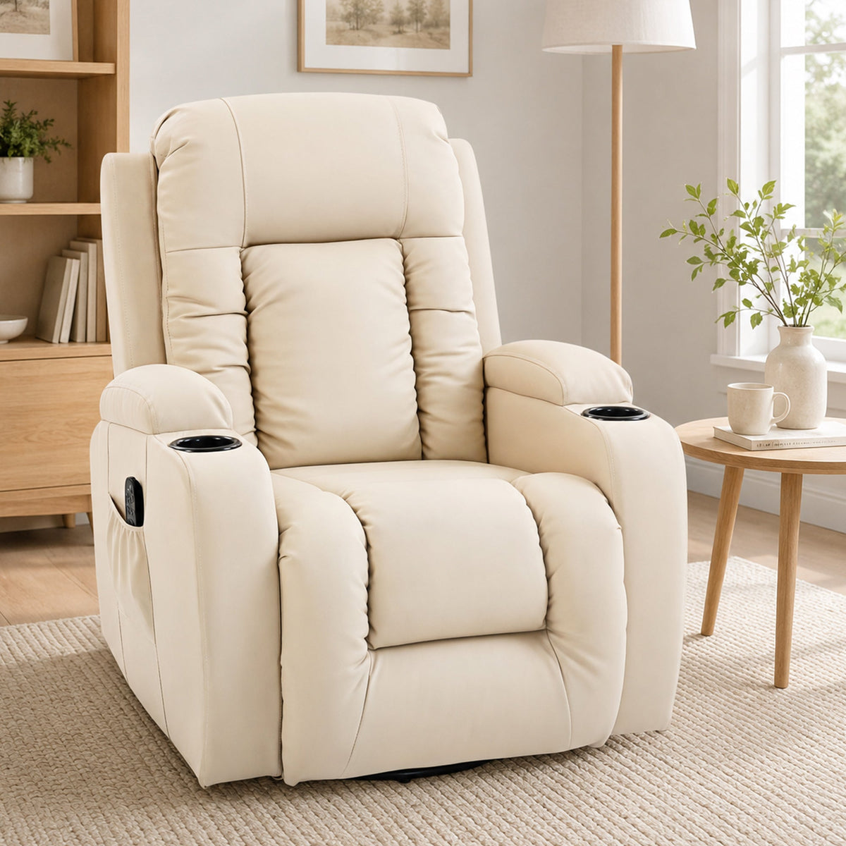 Recliner Armchair with Massage & Heat, PU Leather Recliner Chair with Extended Footrest, Cup Holders and Side Pockets, Swivel Rocking Manual Reclining Chair for Living Room, Cream