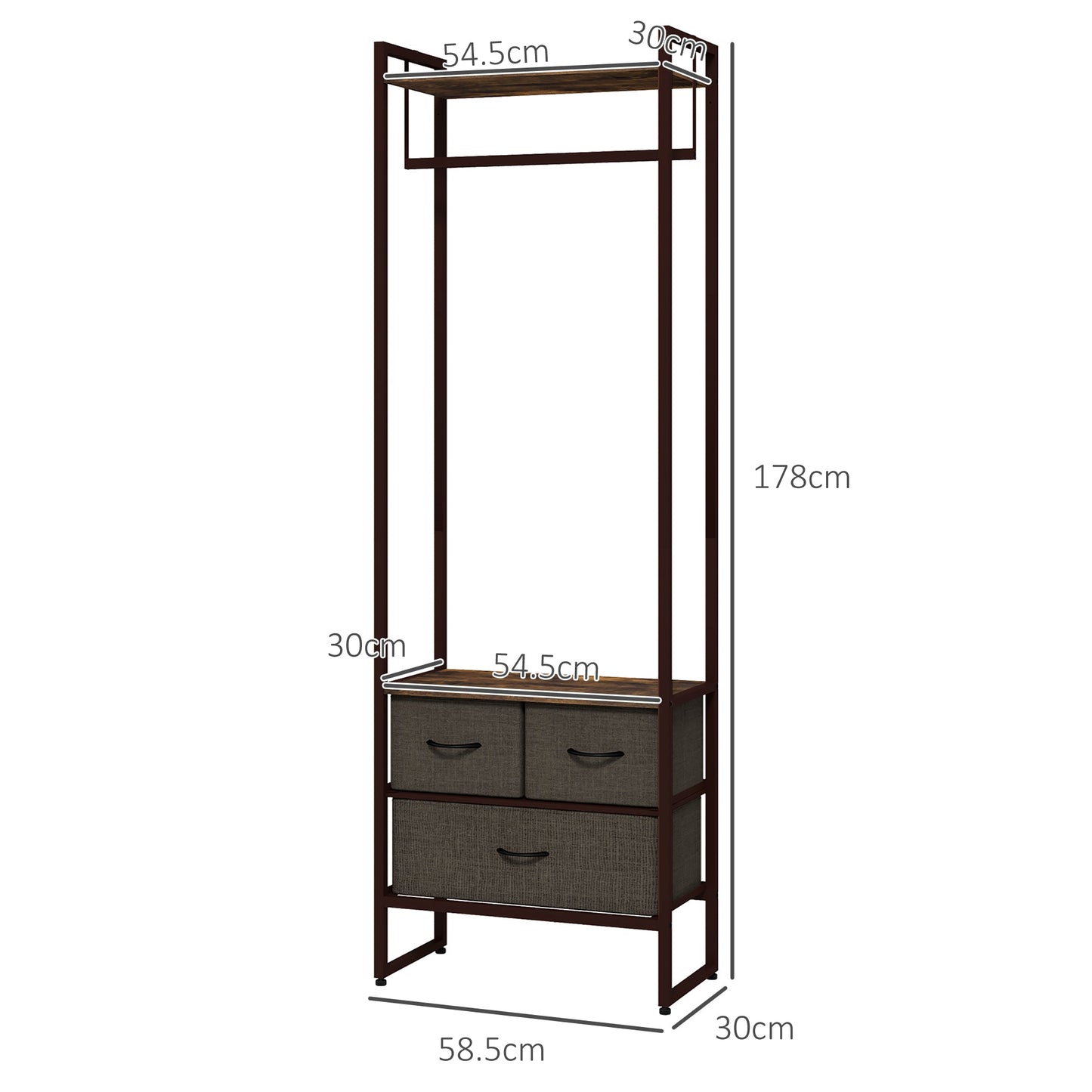 Free Standing Clothes Rail with 3 Fabric Drawers and Storage Shelves, Garment Rack, Hanging Rail for Hallway, Bedroom and Living Room, Rustic Brown