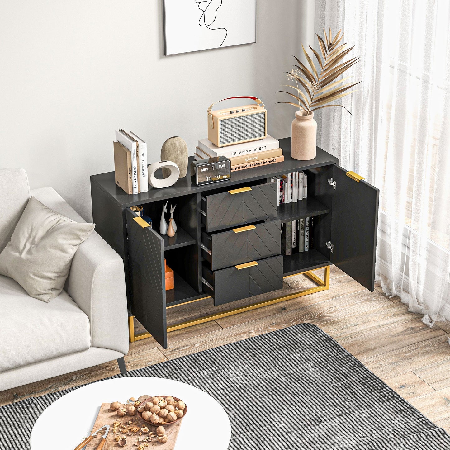 Sideboard for Living Room, Modern Storage Cabinet with 3 Drawers and Adjustable Shelves, Freestanding Cupboard for Dining Room, Kitchen, Black