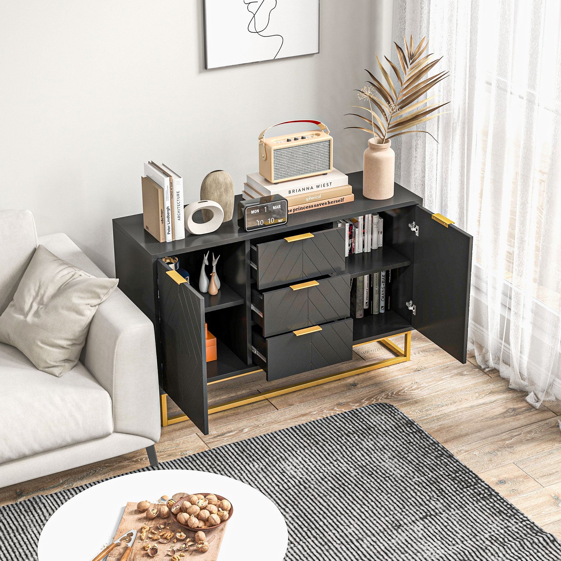 Sideboard for Living Room, Modern Storage Cabinet with 3 Drawers and Adjustable Shelves, Freestanding Cupboard for Dining Room, Kitchen, Black