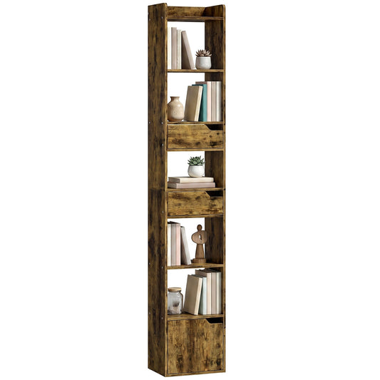Bookcase with Drawers and Cabinet, 5-Tier Bookshelf, Narrow Tall Storage Cabinet with Anti-Tip for Living Room, Study, Home Office, Rustic Brown