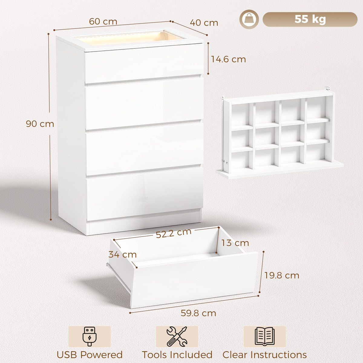 High Gloss 4 Drawer Chest of Drawers with Tempered Glass Top and RGB LED Lights, Modern Dresser with Jewelry Organizer, APP Control, Storage Cabinet for Bedroom Living Room, 60 x 40 x 90 cm, White