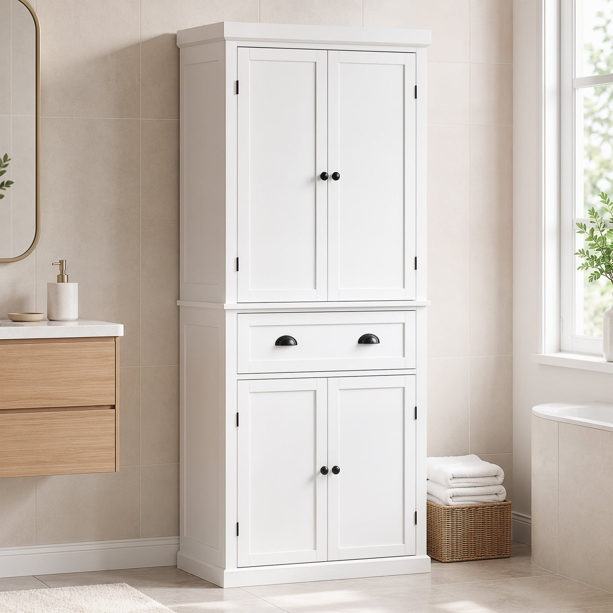Tall Kitchen Cupboard, 183 cm Freestanding Storage Cabinet with Drawer, 4 Doors and Adjustable Shelves, Kitchen Pantry Cupboard for Living Room, Dining Room, White