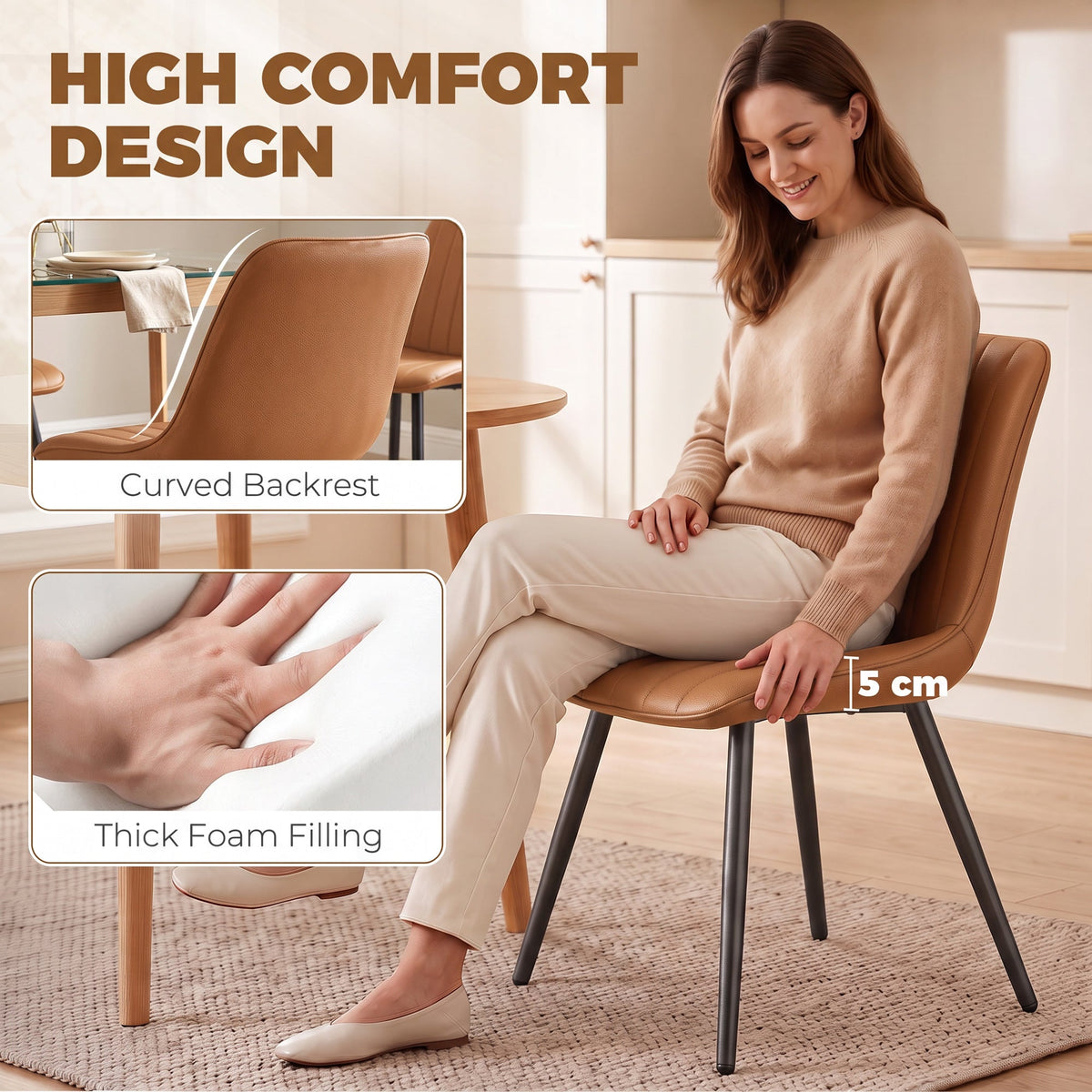 Modern Dining Chairs Set of 2, Curved Faux Leather Upholstered Kitchen Chairs with Metal Legs for Dining Room, Kitchen, Living Room, Brown
