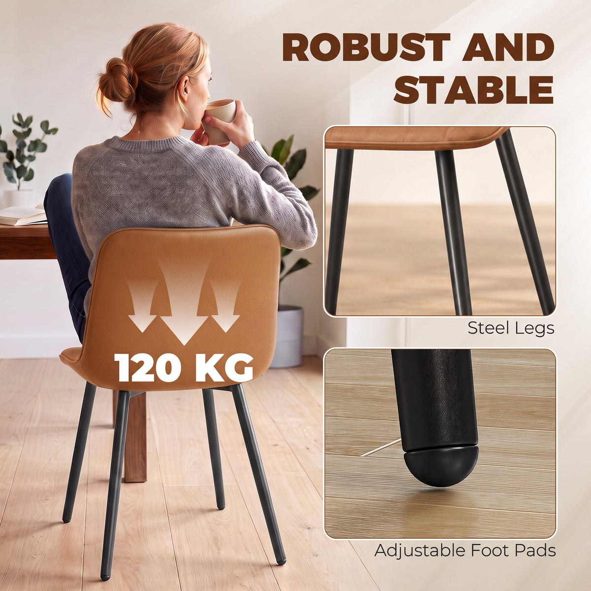 Modern Dining Chairs Set of 2, Curved Faux Leather Upholstered Kitchen Chairs with Metal Legs for Dining Room, Kitchen, Living Room, Brown