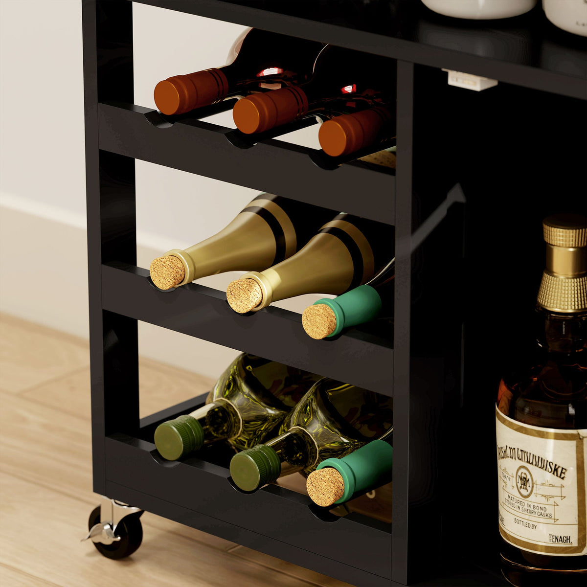 Modern Kitchen Trolley, Rolling Island Storage Cart with Drawer, 9-bottle Wine Rack, Door Cabinets, Wooden Countertop, Black
