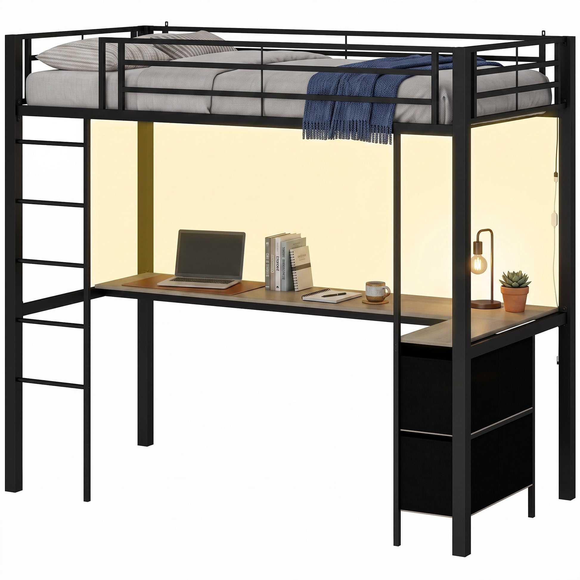 Metal Bunk Bed with Desk, High Sleeper Bed with LED Light and Safety Guardrail, Space-Saving Bedroom Dormitory Single Loft Frame for Teens Adults, No Box Spring Needed, Black