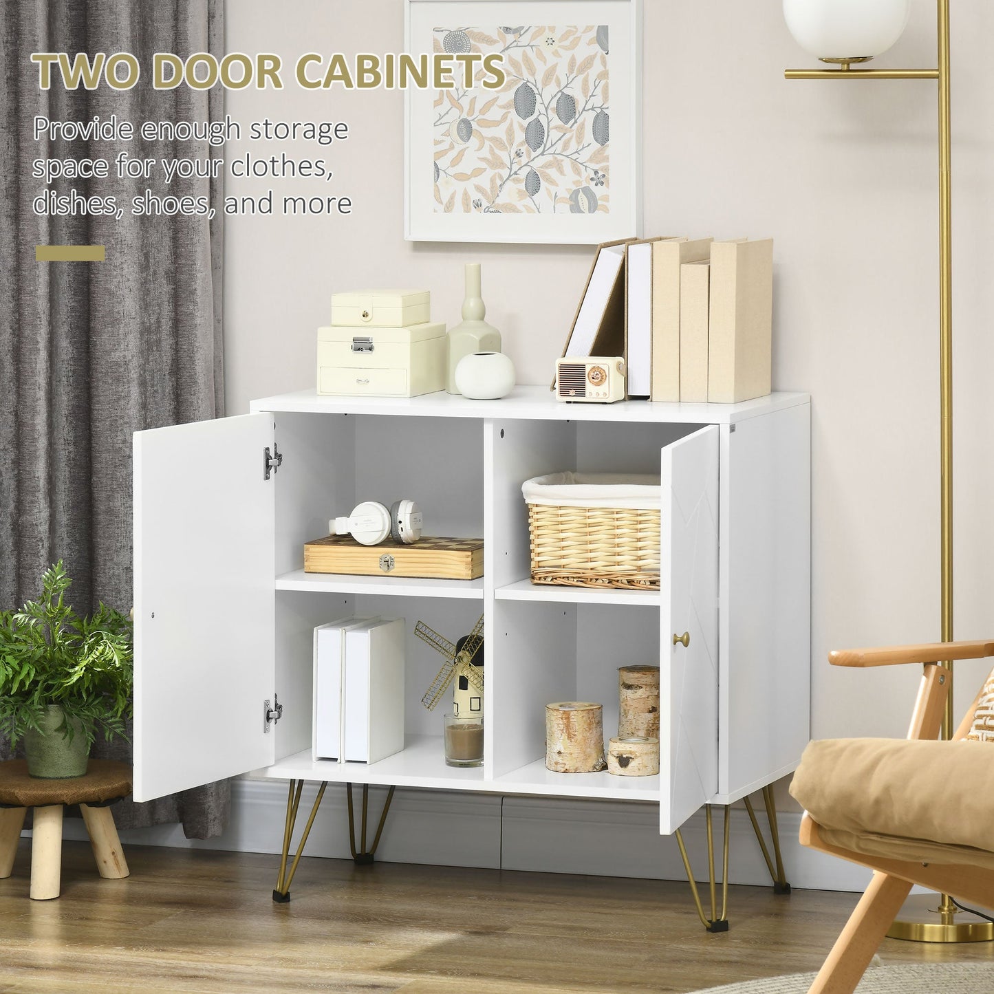 HOMCOM Modern Storage Cabinet with Golden Hairpin Legs, Freestanding Sideboard with Adjustable Shelves for Living Room, Dining Room, Hallway, White