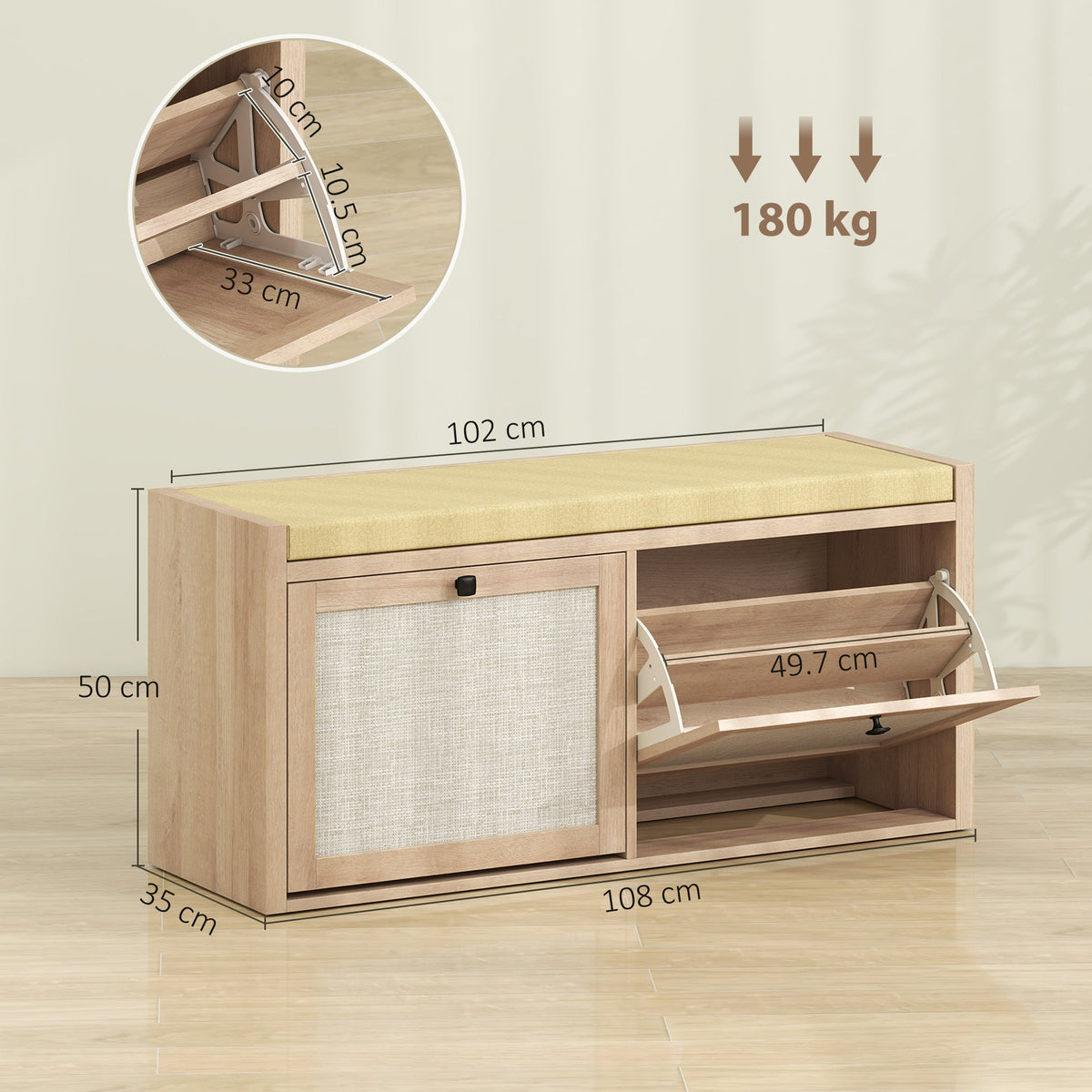 Shoe Bench with 2 Rattan Doors, Shoe Storage Bench with Padded Cushion Seat for Hallway, Living Room, Bedroom, Oak Wood Effect