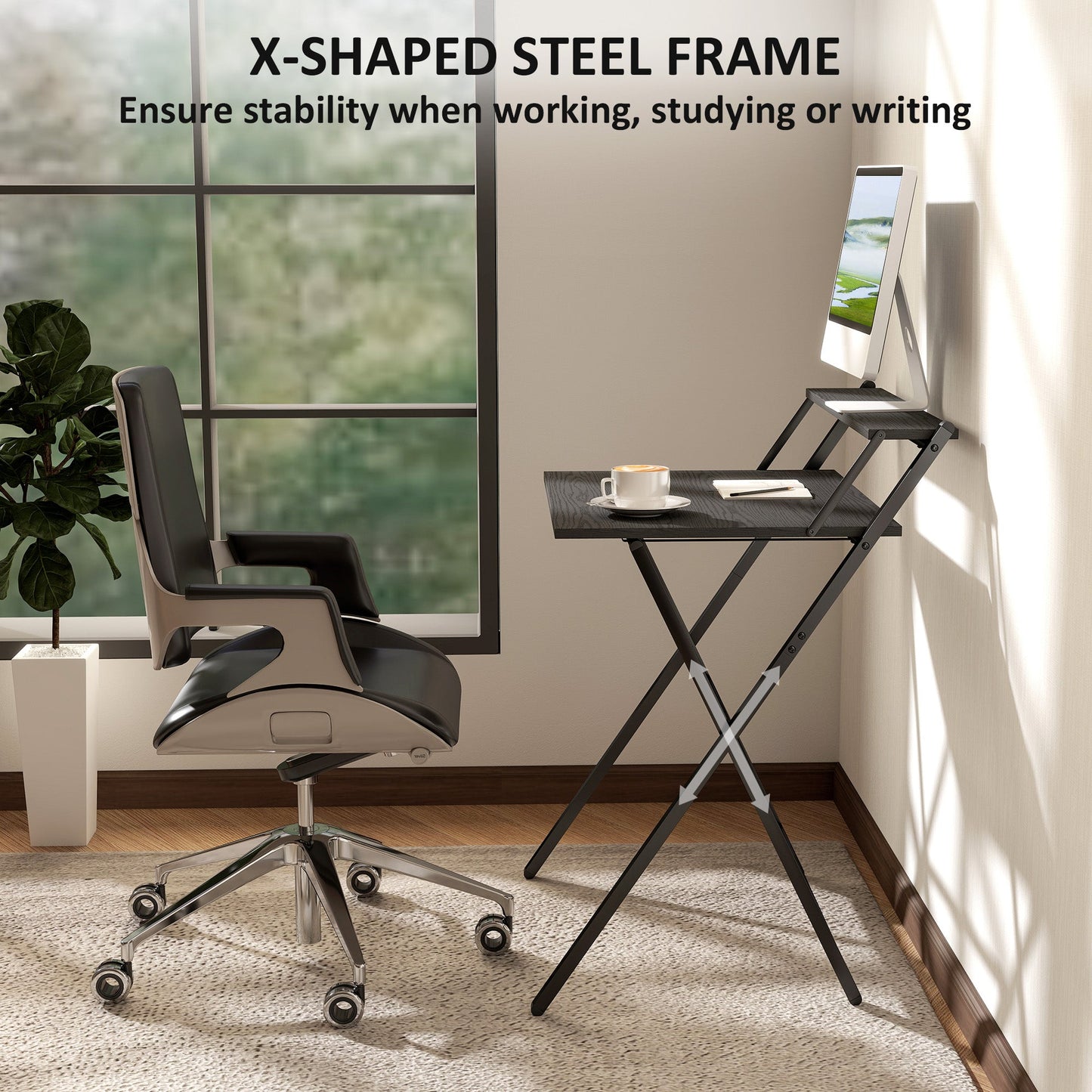 Folding Desk with Monitor Shelf, 70 cm Foldable Computer Desk for Small Spaces, Space Saving Writing Table Workstation for Home Office, Study, Easy Assembly, Black