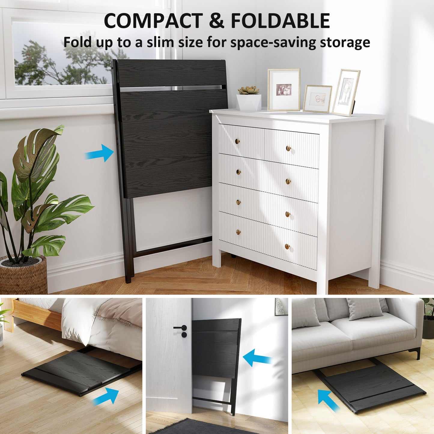 Folding Desk with Monitor Shelf, 70 cm Foldable Computer Desk for Small Spaces, Space Saving Writing Table Workstation for Home Office, Study, Easy Assembly, Black